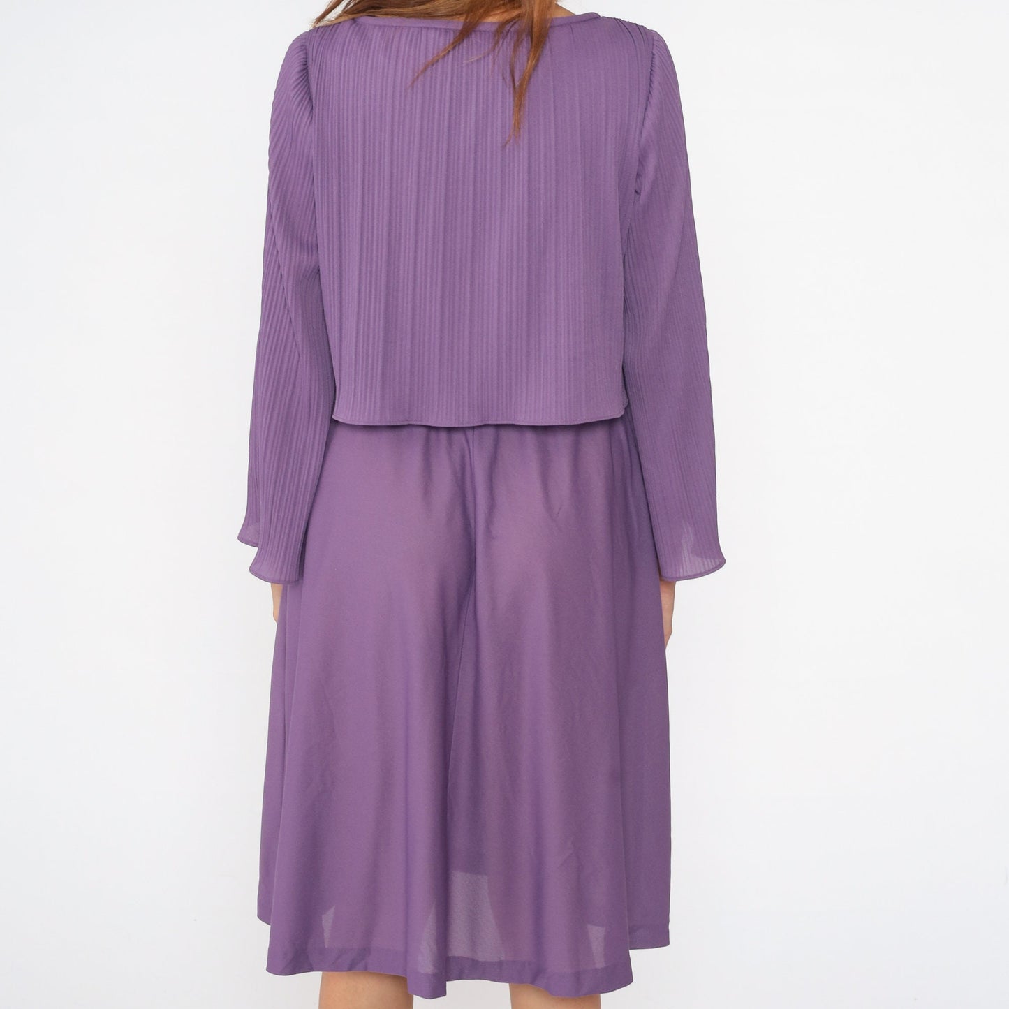 70s Purple Midi Dress Knife Pleated High Waist Bell Sleeve Small Medium