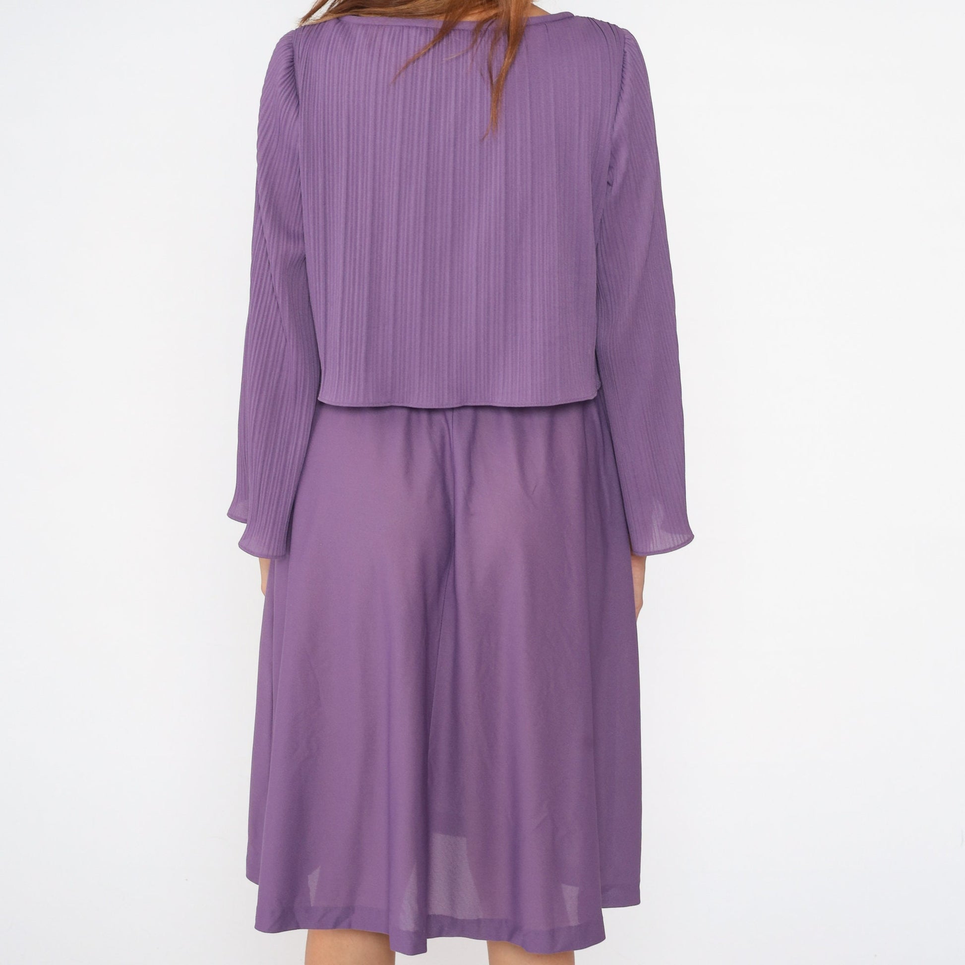 70s Purple Midi Dress Knife Pleated High Waist Bell Sleeve Small Medium