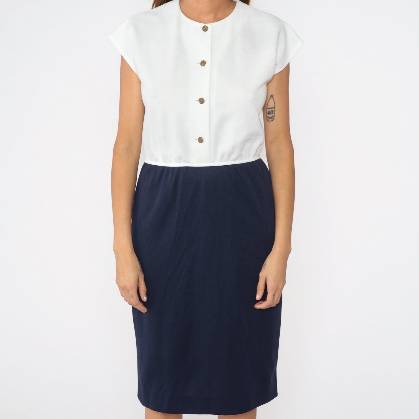 80s Leslie Fay Navy White Button-Up Midi Dress Cap Sleeve Small
