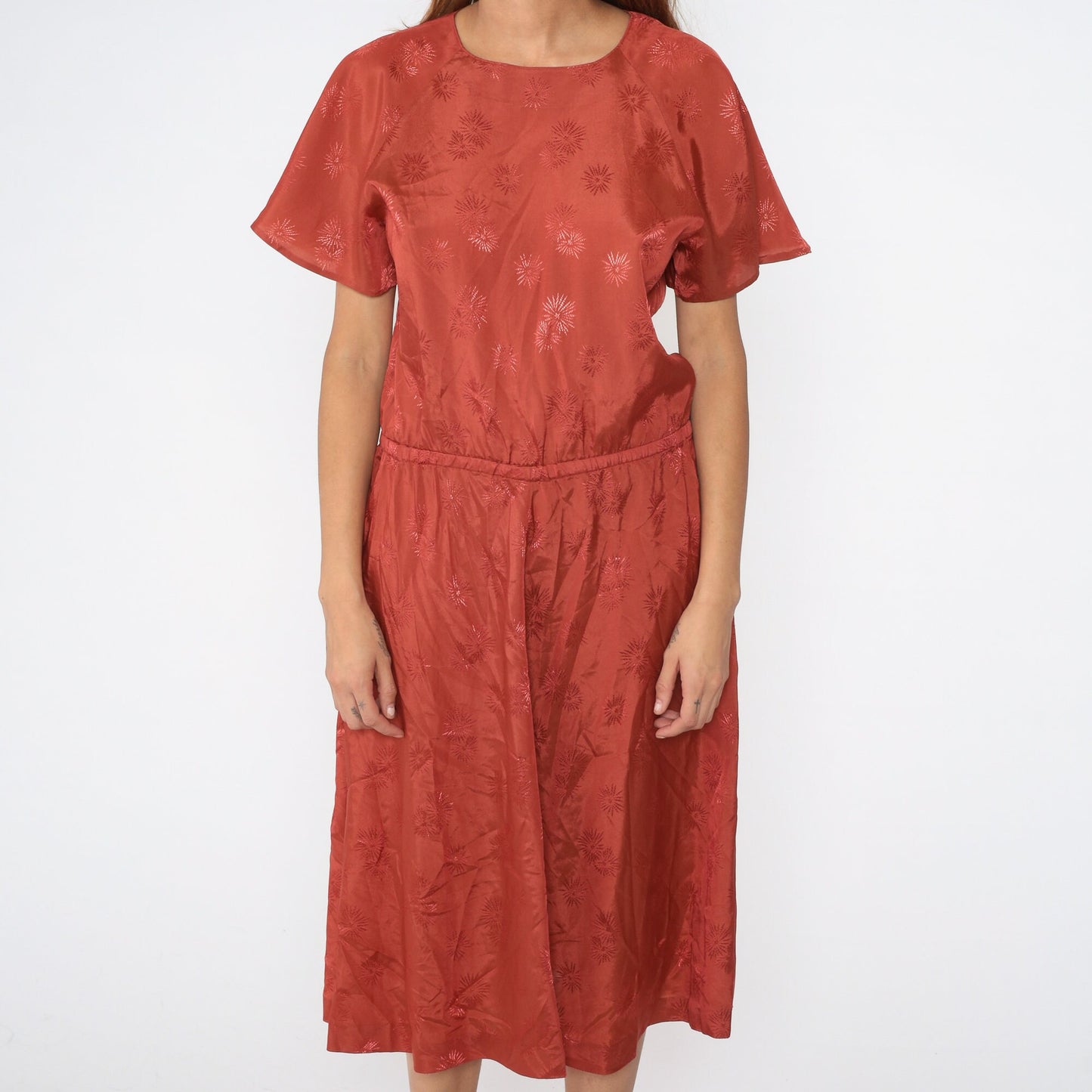 70s Rust Floral Embroidered Midi Dress Elastic Waist Raglan Medium