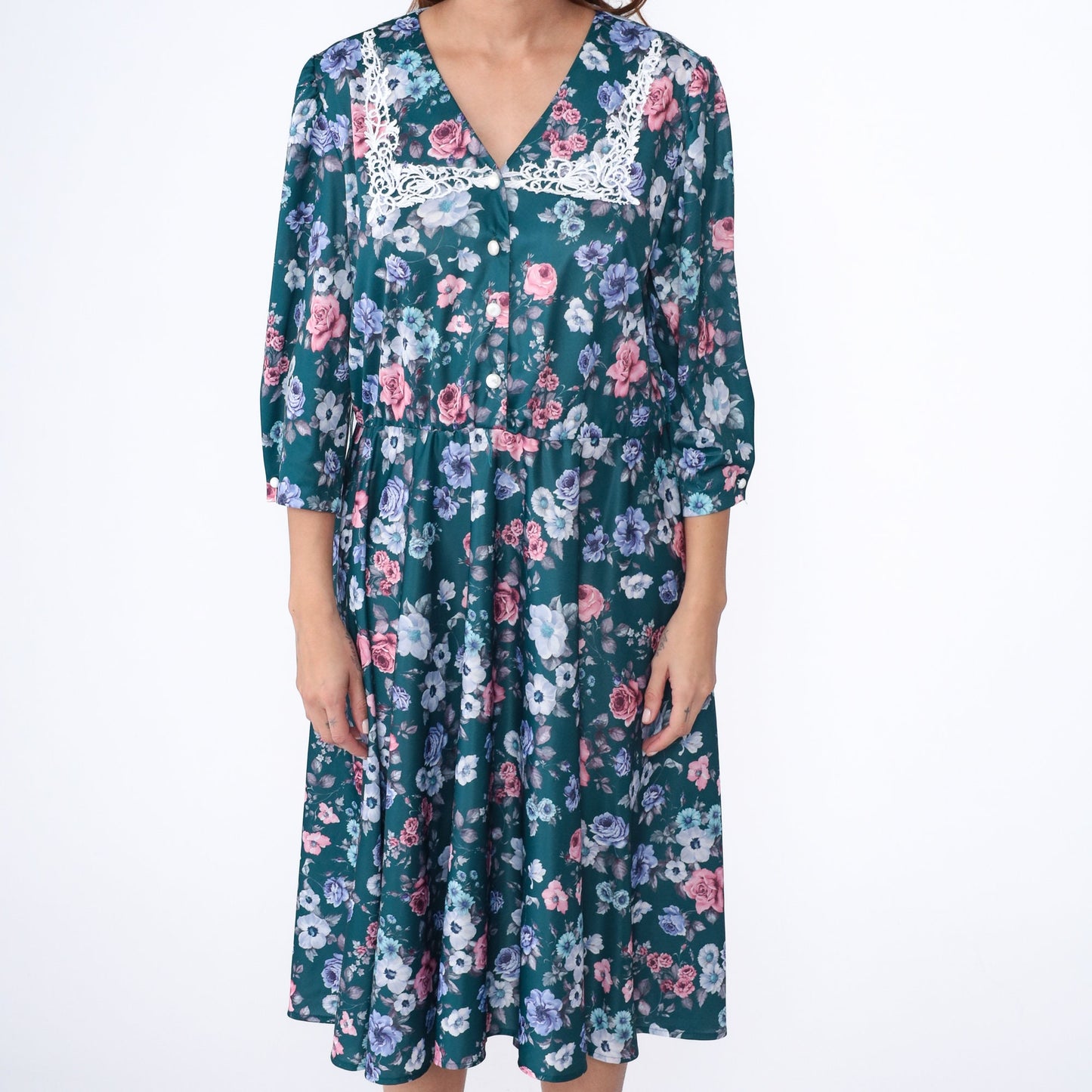 80s Floral Midi Dress Lace Collar Puff Sleeve Green Rose Print High Waist Large