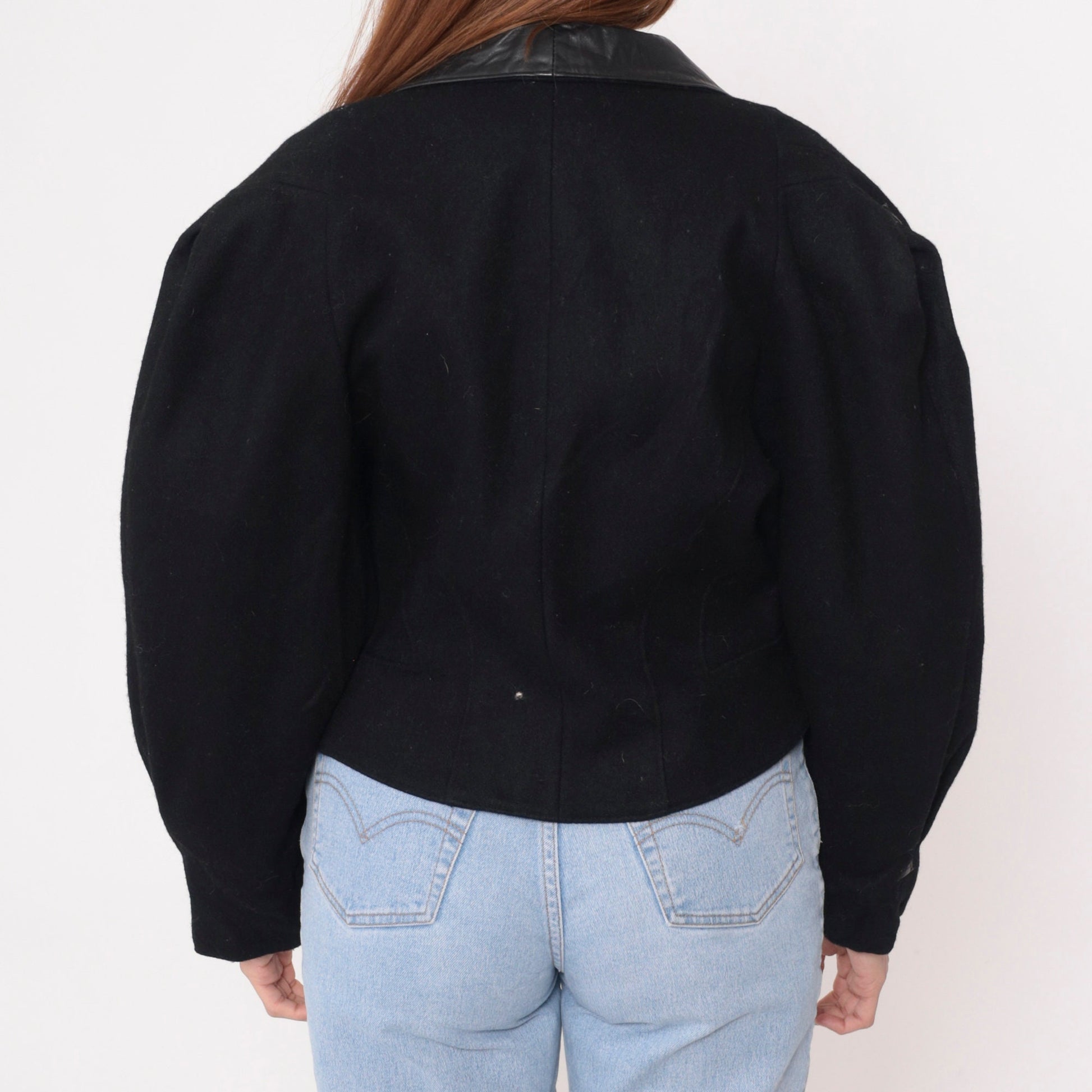 80s Jonathan Stevens Black Wool Blazer Leather Collar Deep V Neck Large L