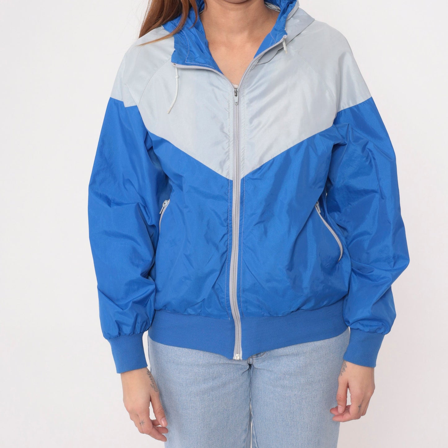 80s Nike Colour Block Hooded Windbreaker Grey Blue Raglan Medium Large