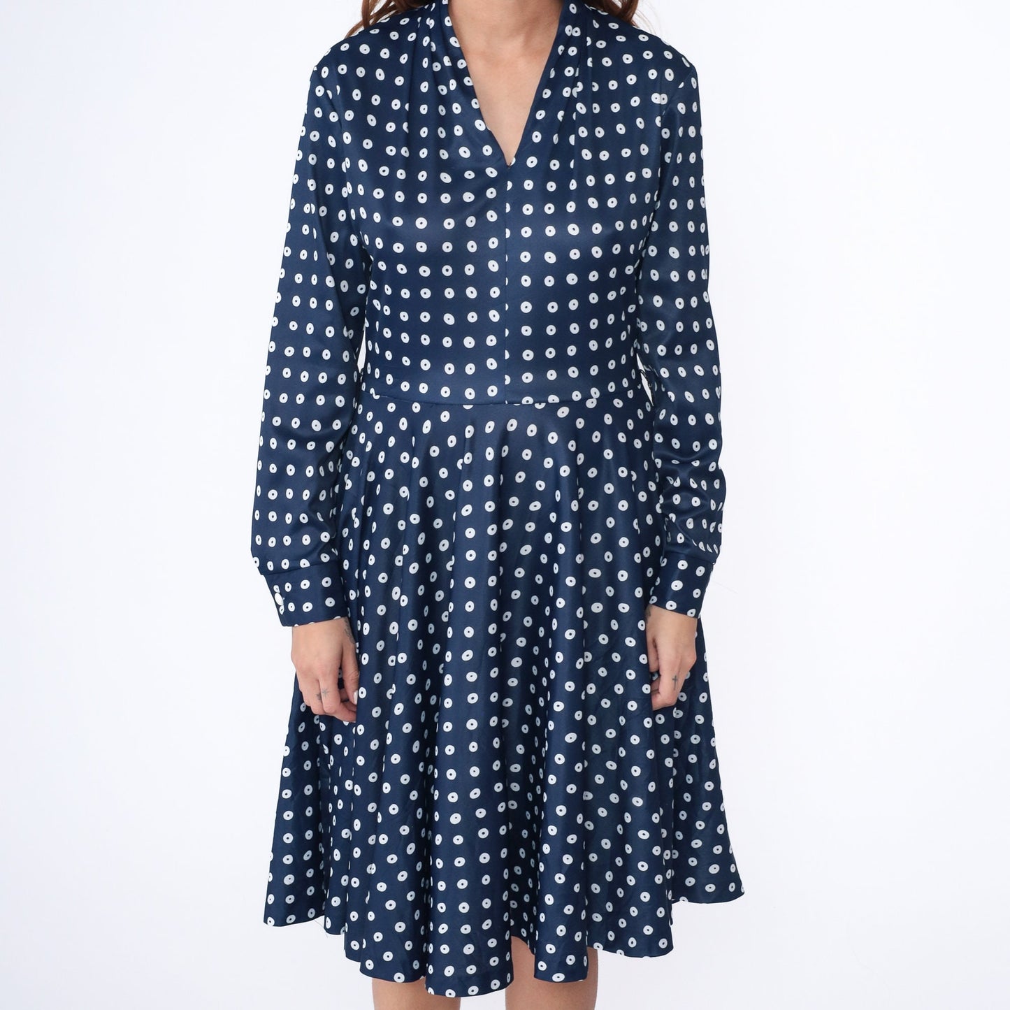 70s Navy Polka Dot Midi Dress V-Neck High Waist Flared Long Sleeve Medium