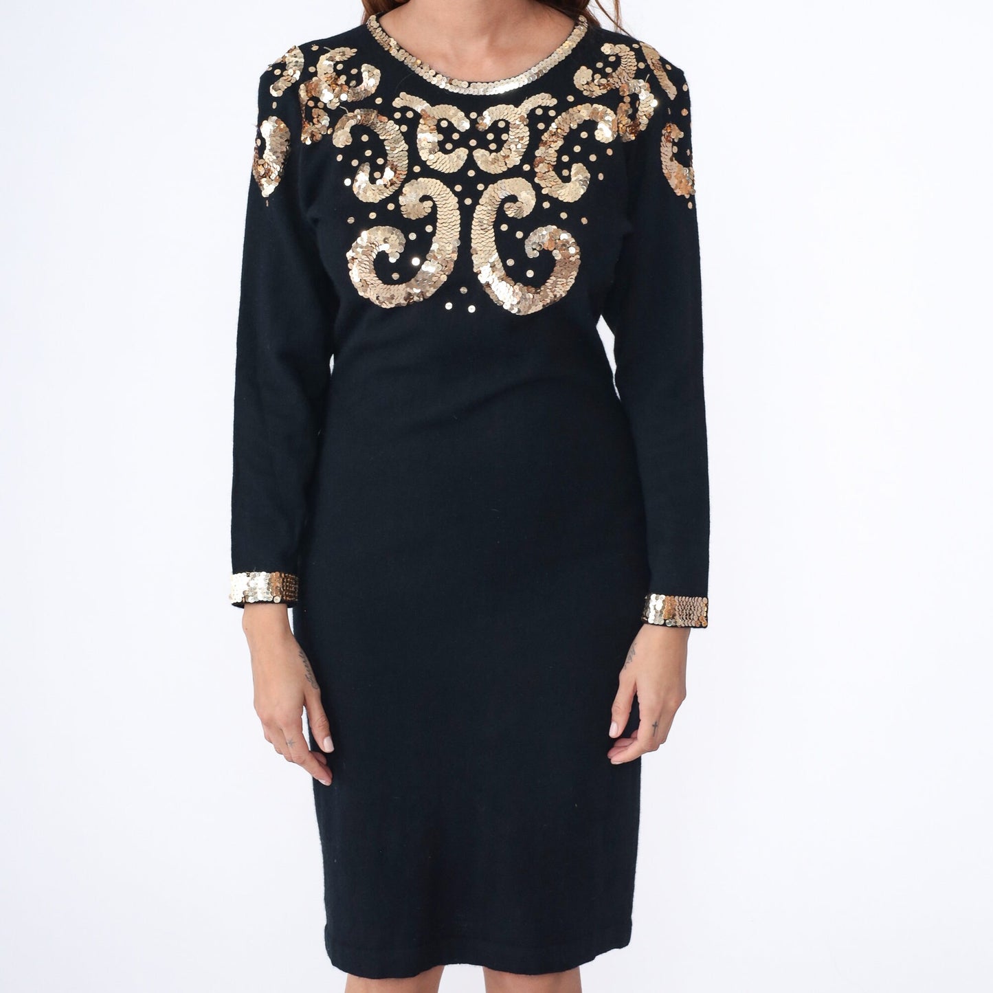 80s Black Gold Sequin Wool Angora Blend Sweater Dress Midi Long Sleeve Medium