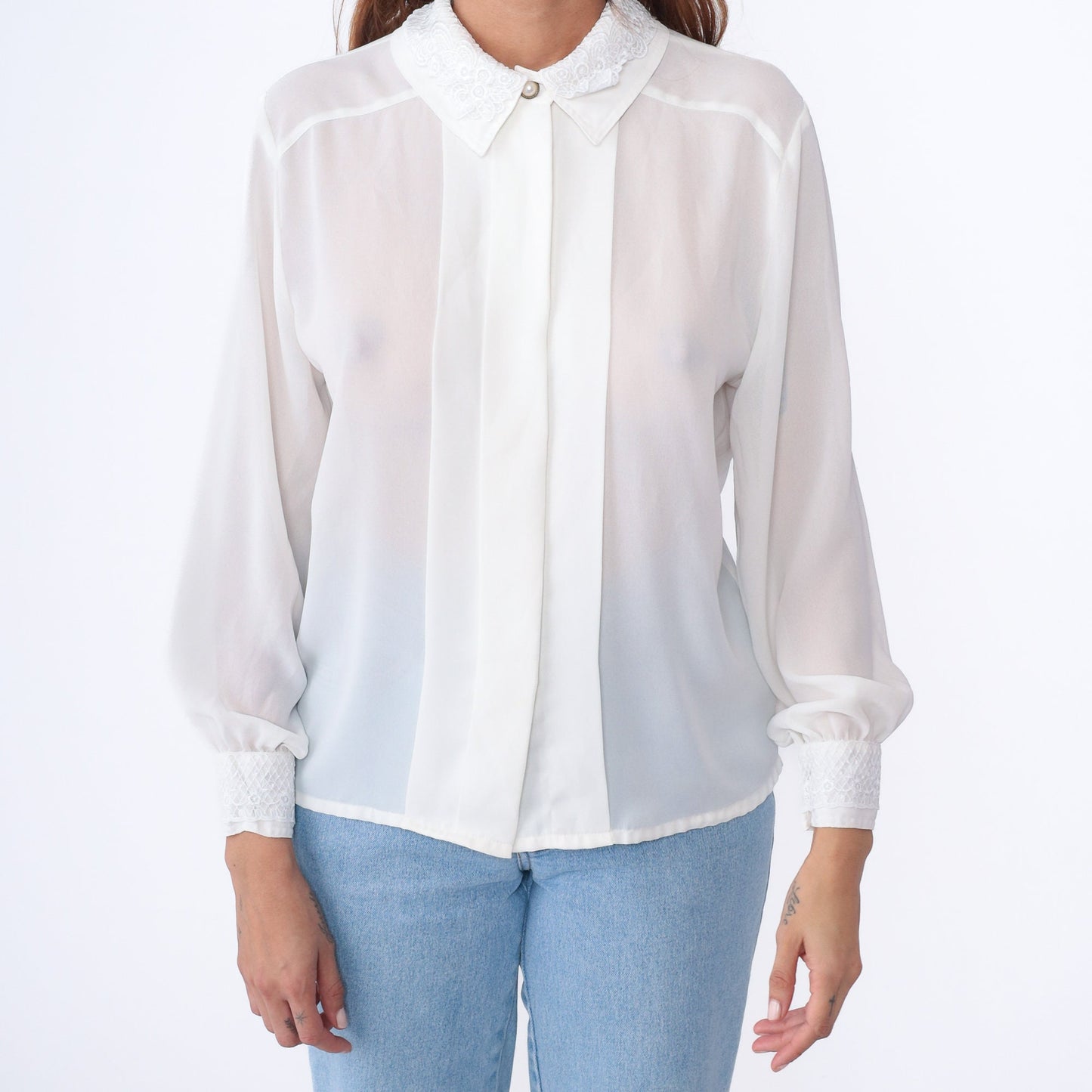 90s White Sheer Blouse Lace Collar Pearl Button Long Sleeve Medium