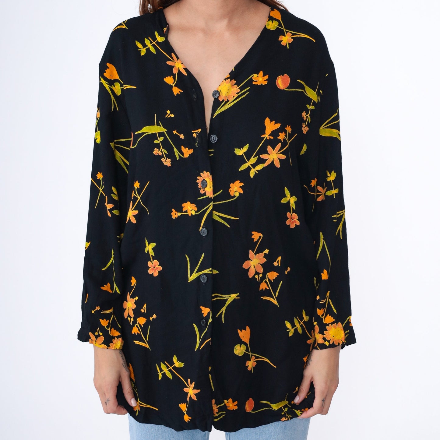 90s Floral Rayon Button Up Blouse Black Longline Collared Shirt Medium