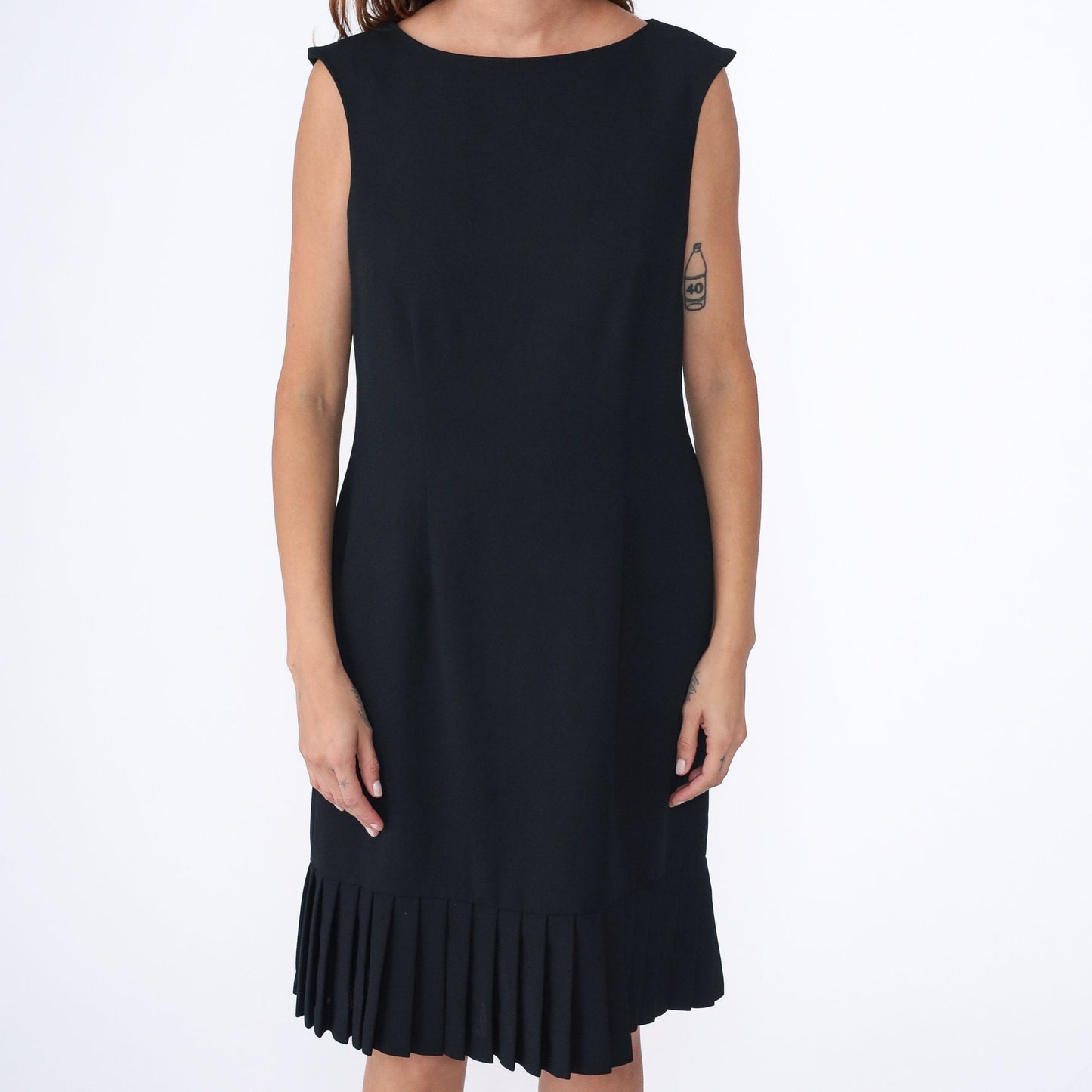 Y2K Black Sheath Dress Drop Waist Pleated Sleeveless Mini Large 12