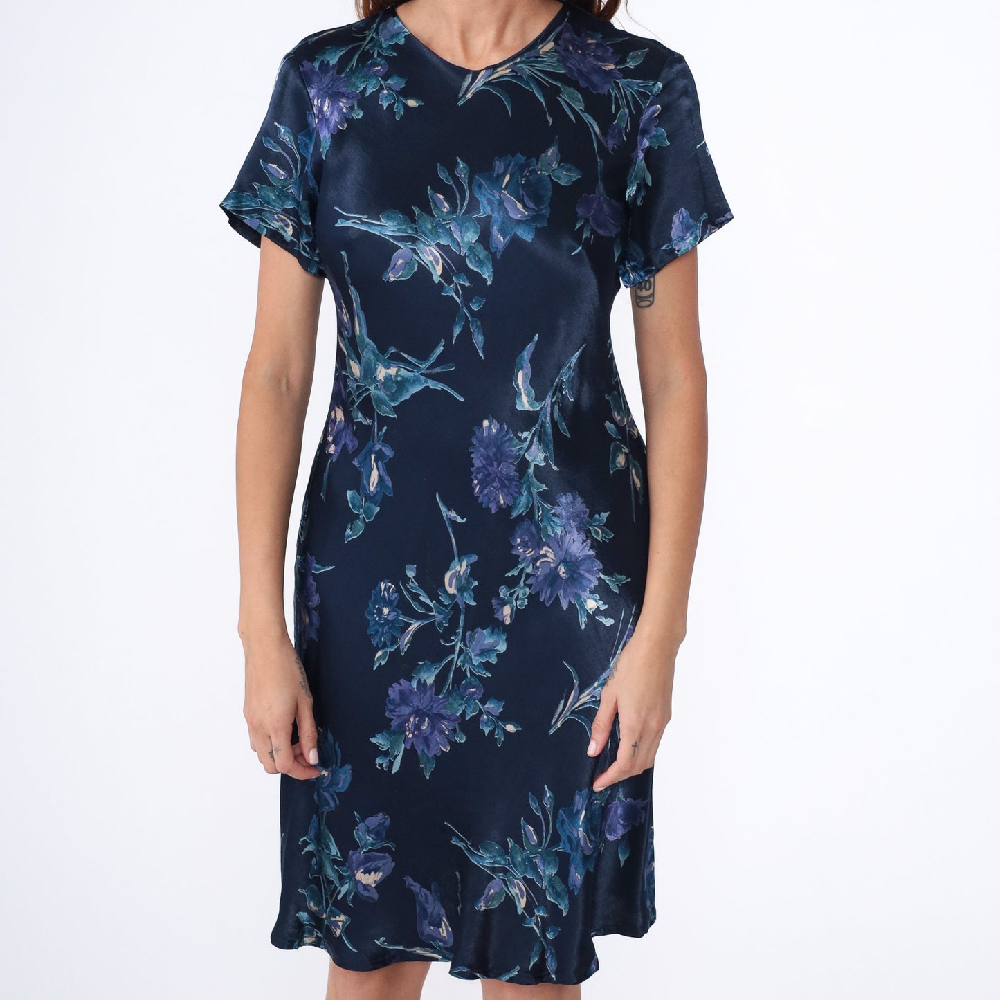 00s Laura Ashley Floral Sheath Dress Navy Knee-Length Sleeveless Medium 8