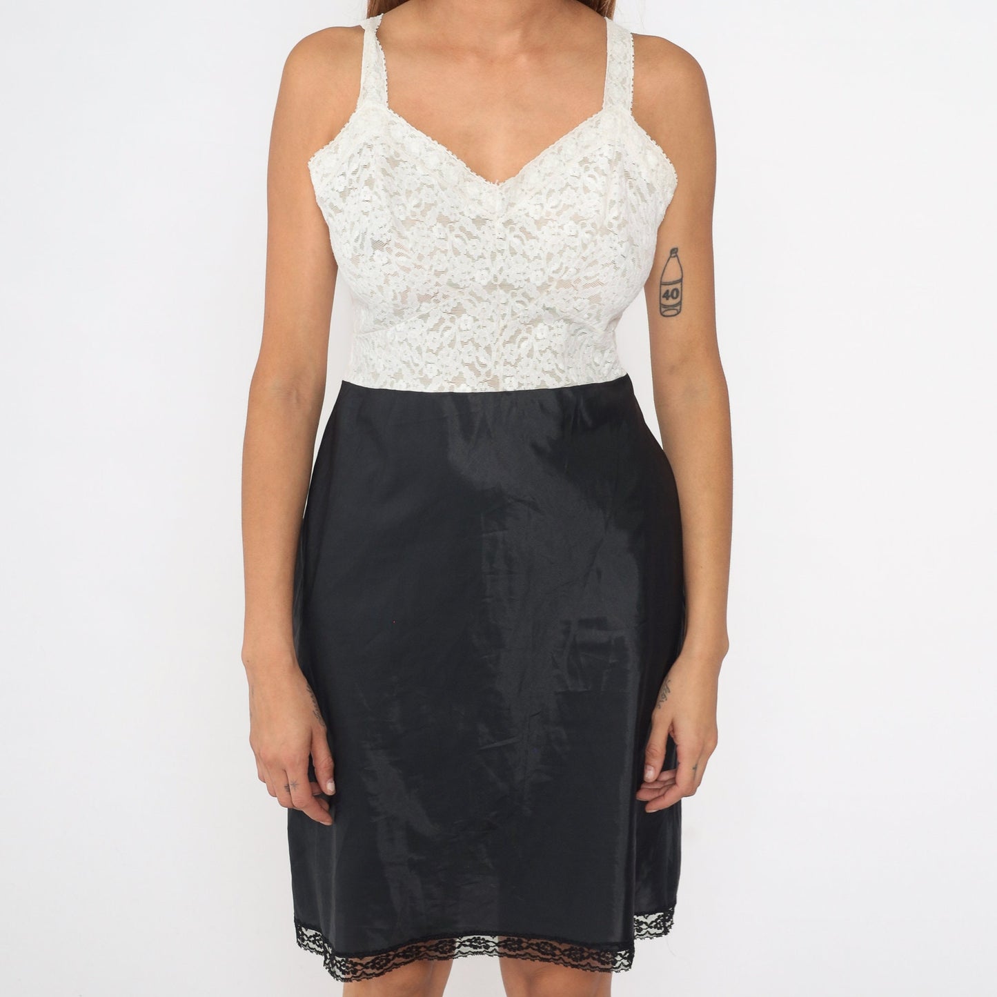 80s Black White Lace Slip Dress Sweetheart Neckline Mini Lingerie Medium