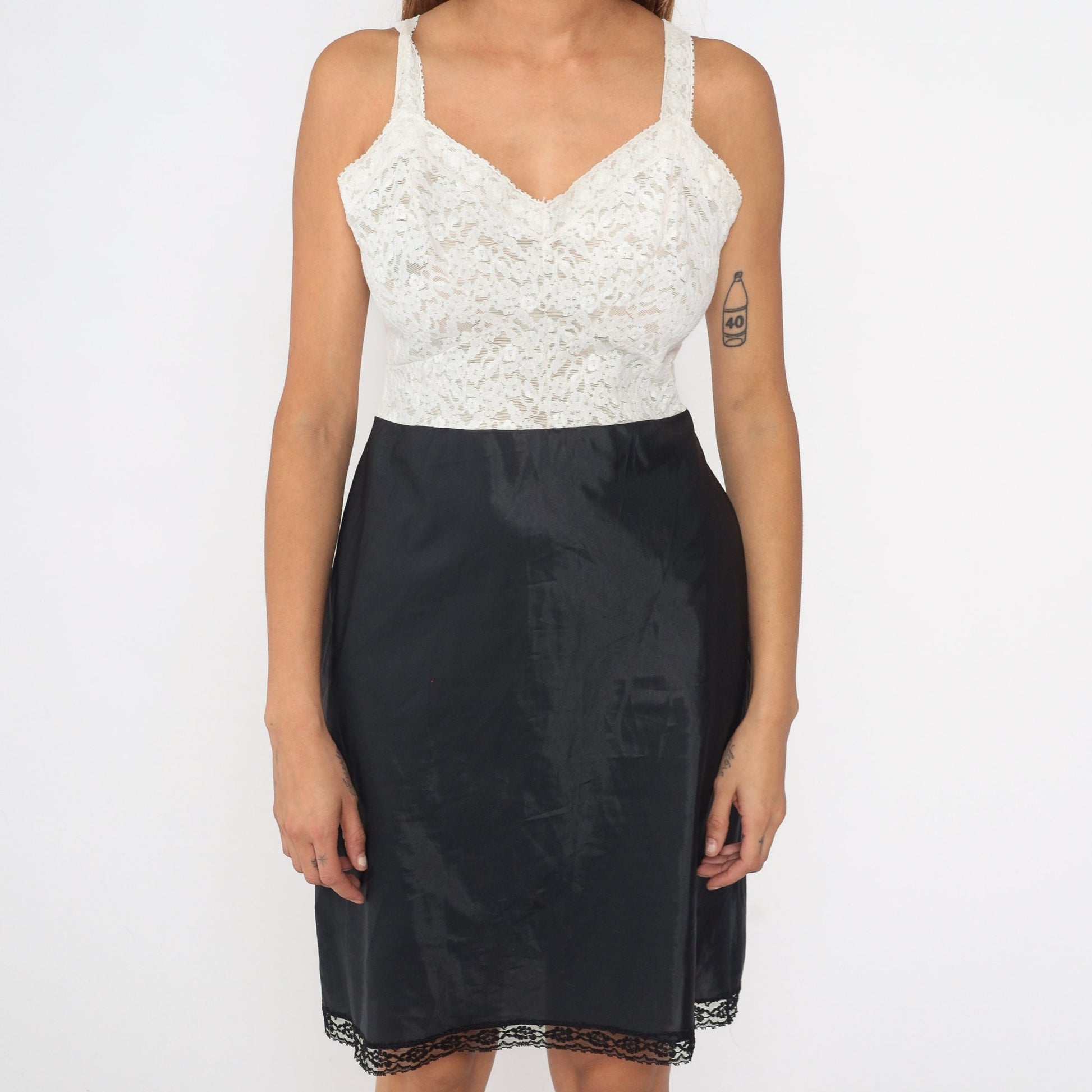 80s Black White Lace Slip Dress Sweetheart Neckline Mini Lingerie Medium