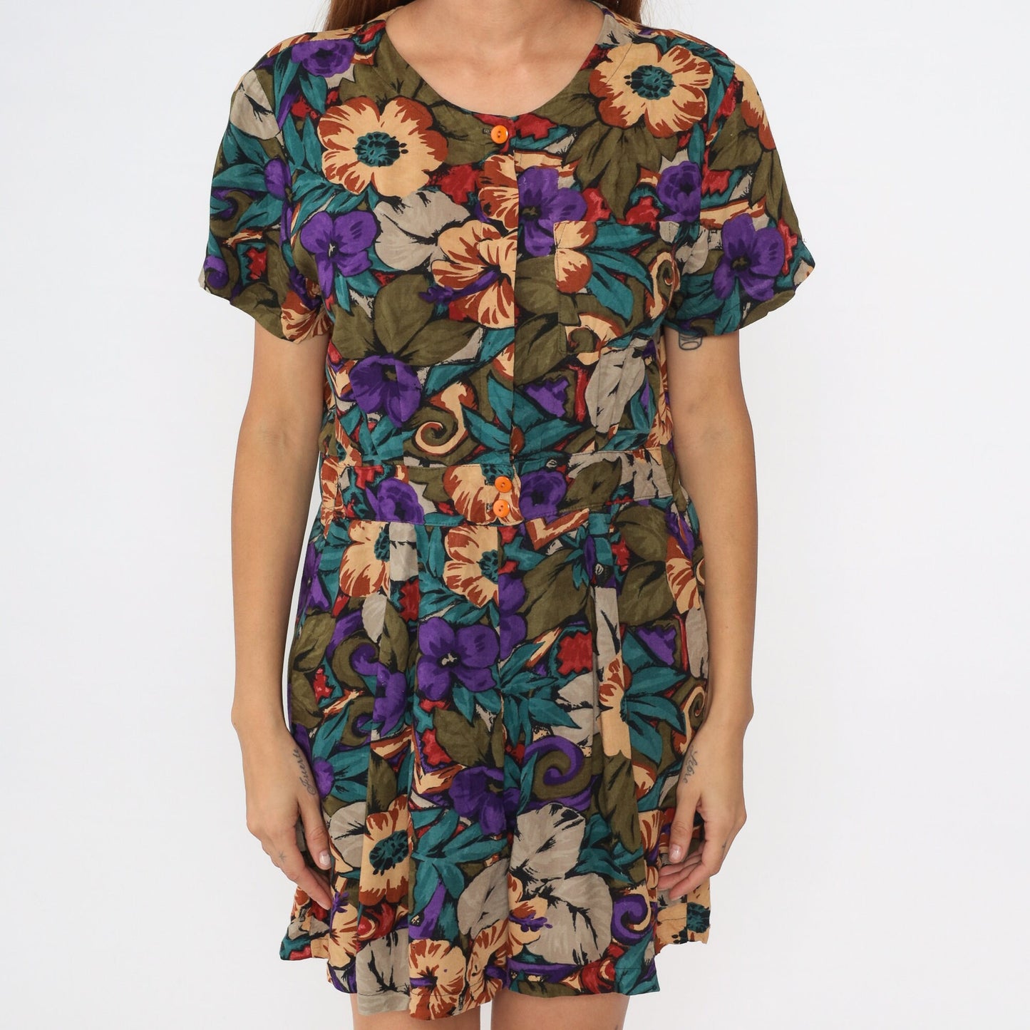 90s Tropical Floral Rayon Romper Wide Leg Shorts Button Up Medium