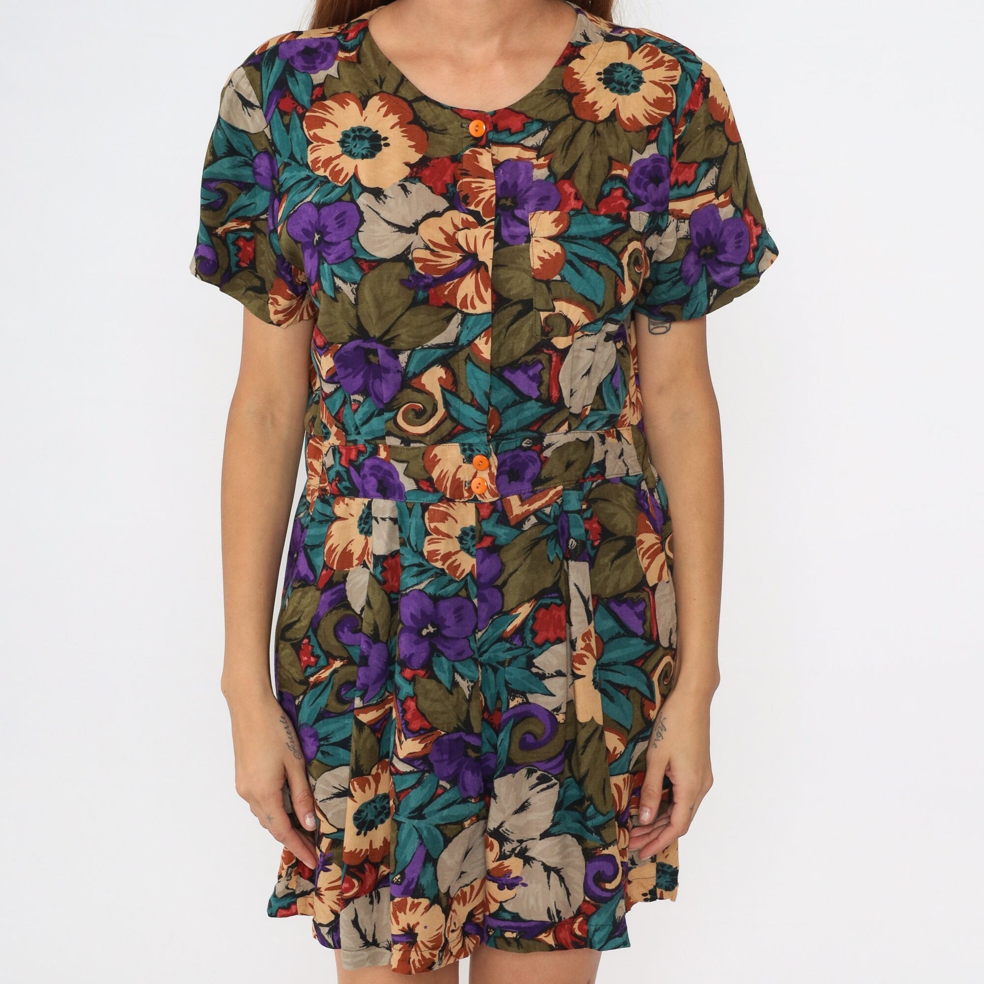 90s Tropical Floral Rayon Romper Wide Leg Shorts Button Up Medium