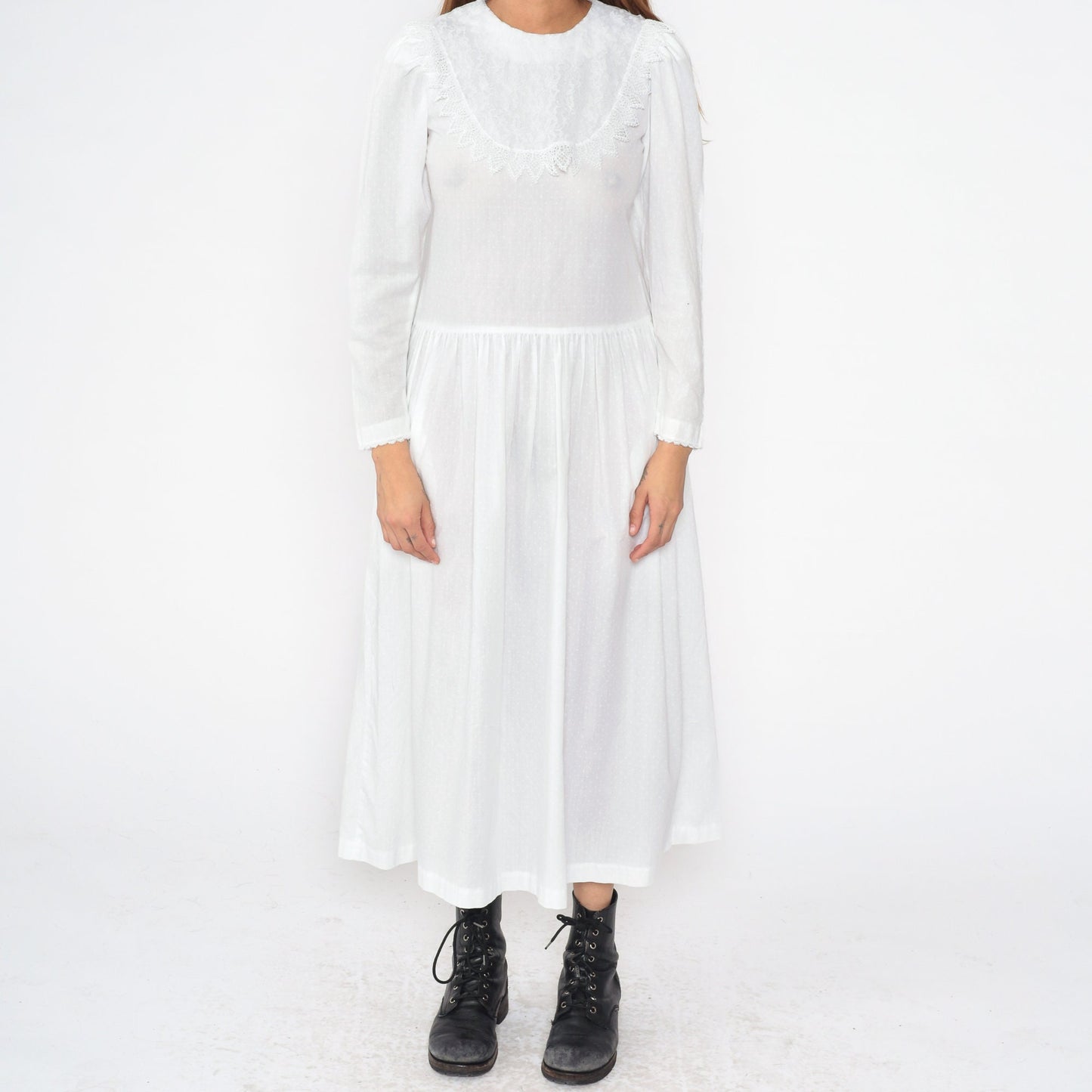 80s White Polka Dot Midi Dress Puff Sleeve Lace Bib Low Waist Small