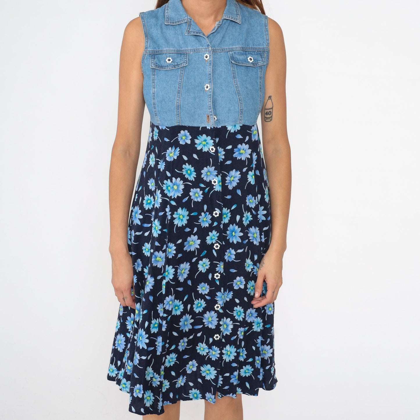 90s Floral Denim Midi Dress Button Up Empire Waist Blue Rayon Extra Small