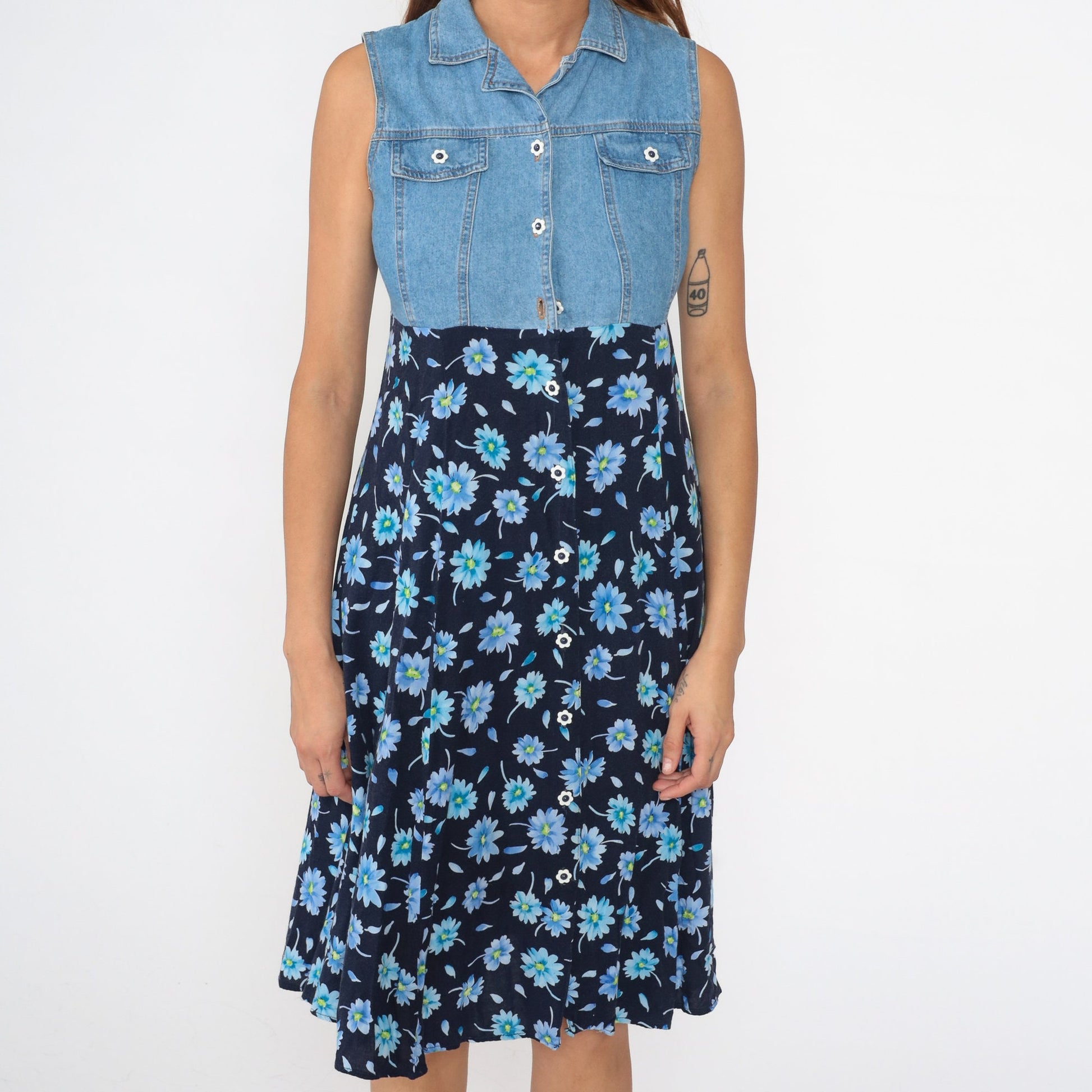 90s Floral Denim Midi Dress Button Up Empire Waist Blue Rayon Extra Small