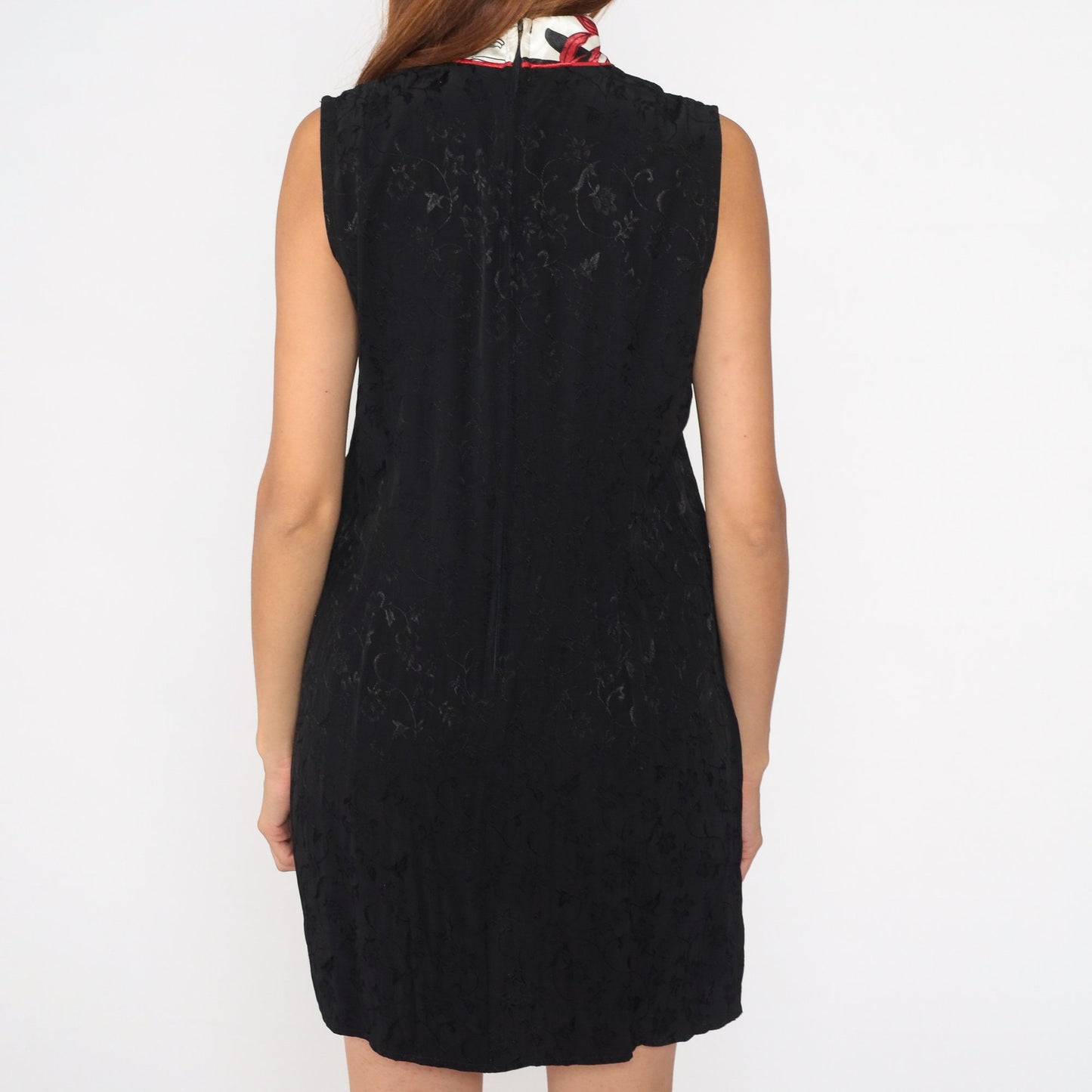 90s Black Floral Embossed Cheongsam Mini Dress Mandarin Collar Large