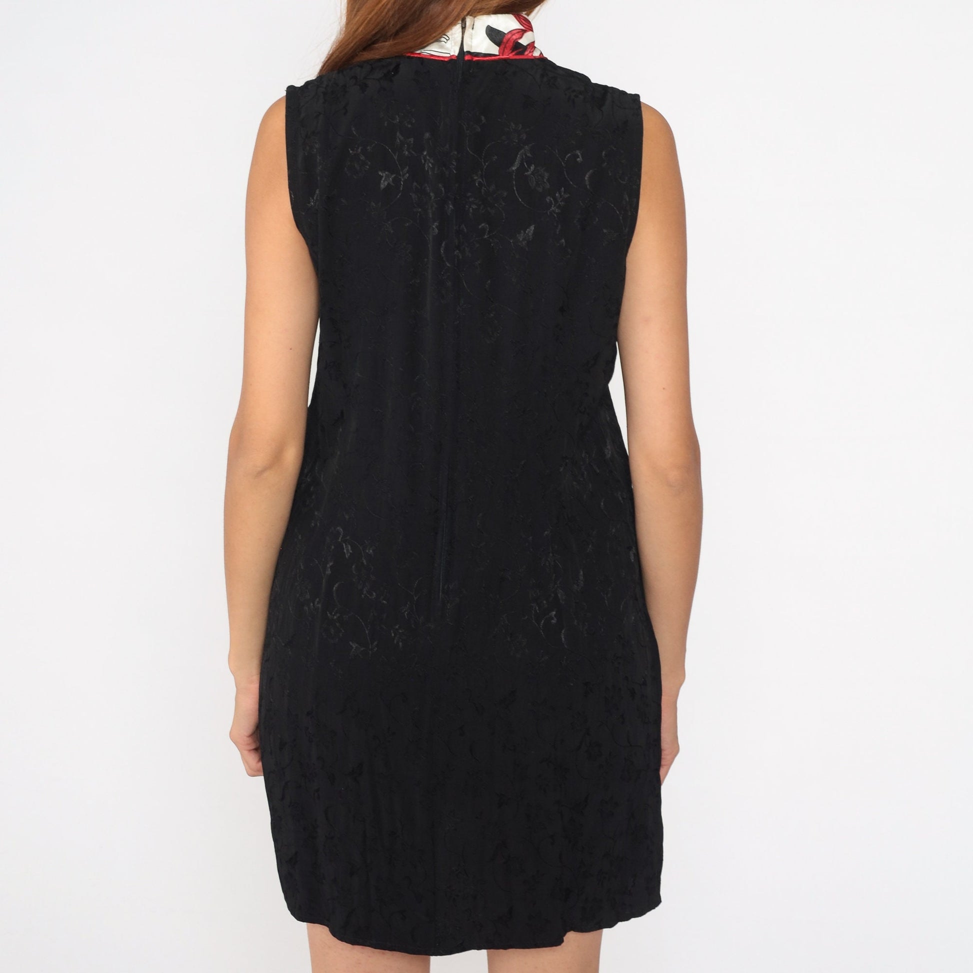 90s Black Floral Embossed Cheongsam Mini Dress Mandarin Collar Large