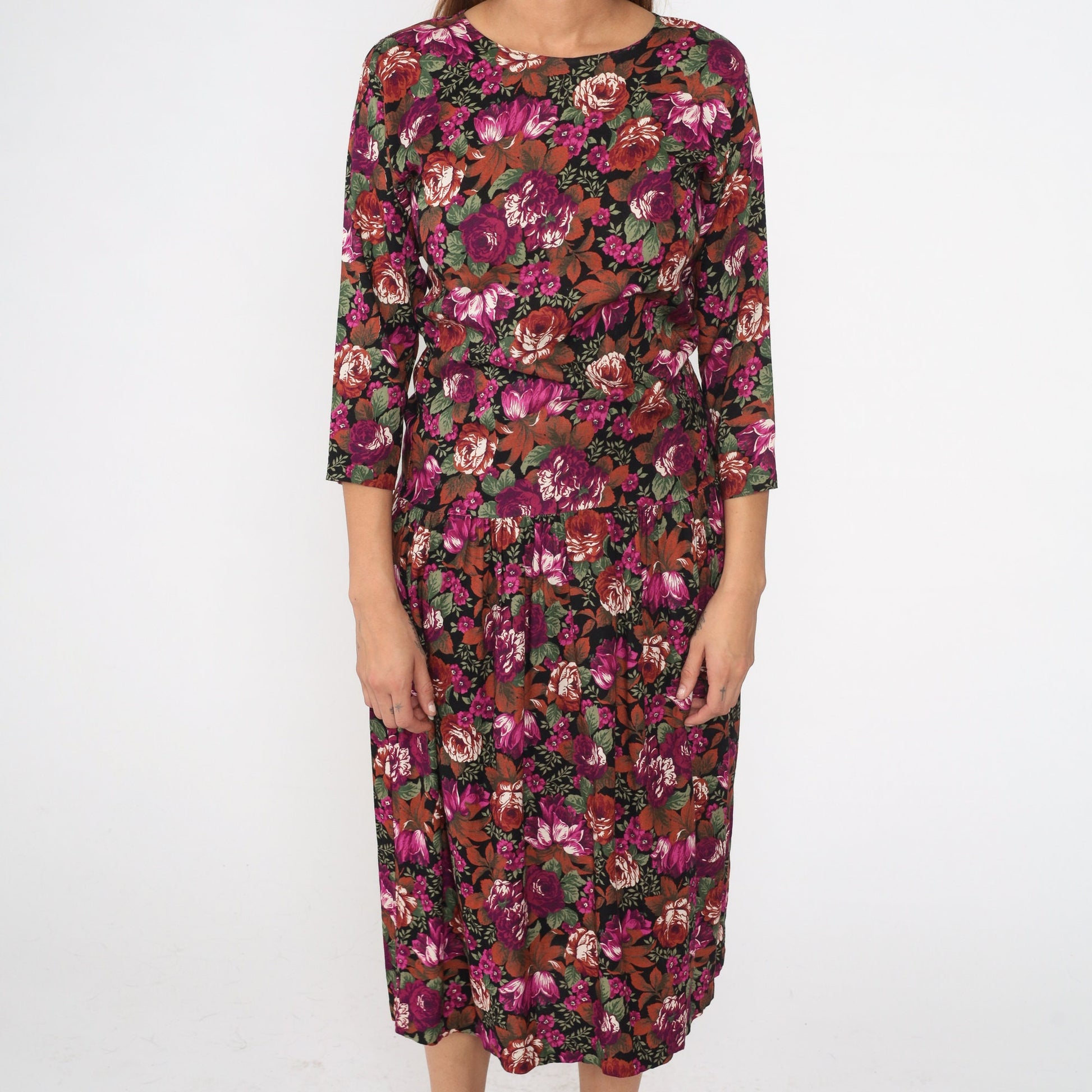 90s Floral Midi Dress Drop Waist Long Sleeve Rayon Fuchsia Multicolor Small