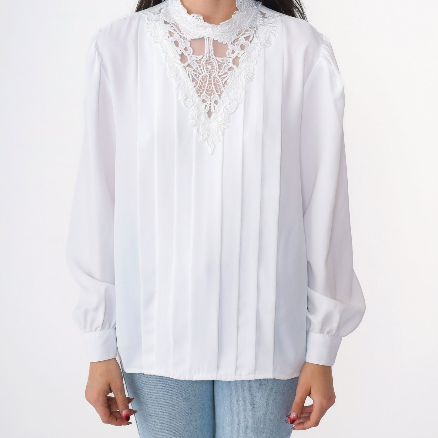 90s White Lace Collar Blouse Puff Sleeve Pleated Front Small