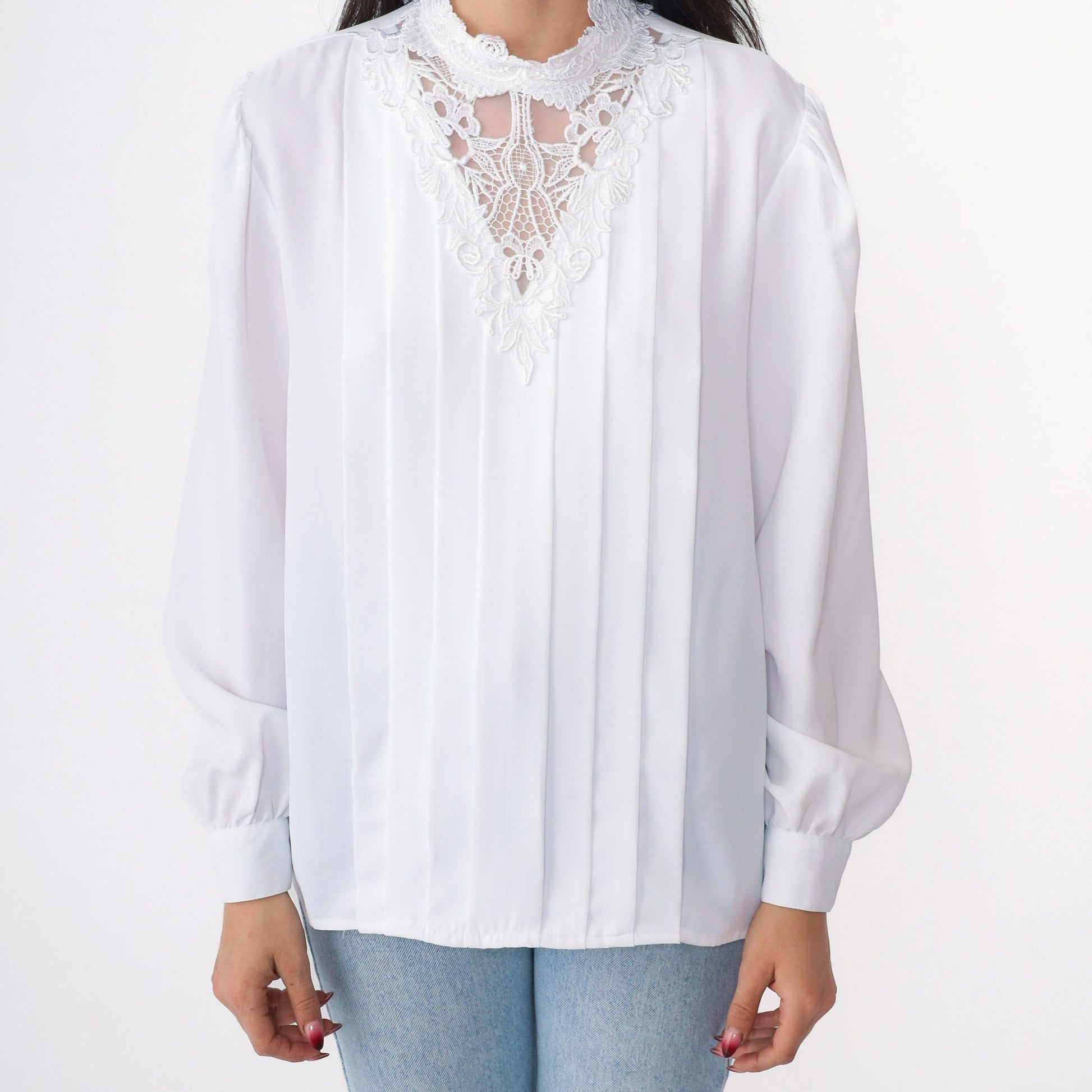 90s White Lace Collar Blouse Puff Sleeve Pleated Front Small