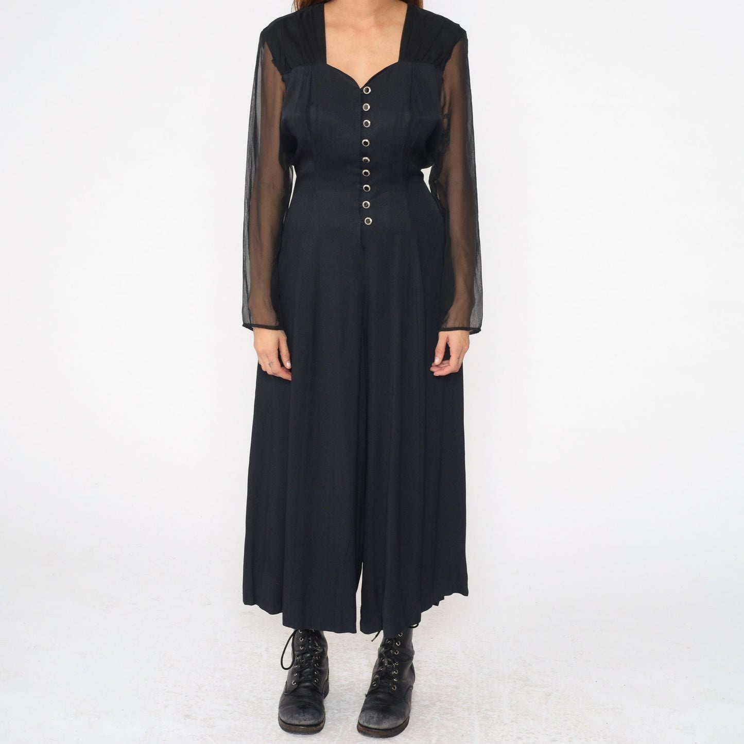 90s Black Wide Leg Jumpsuit Chiffon Sleeve Sweetheart Neckline Large 12