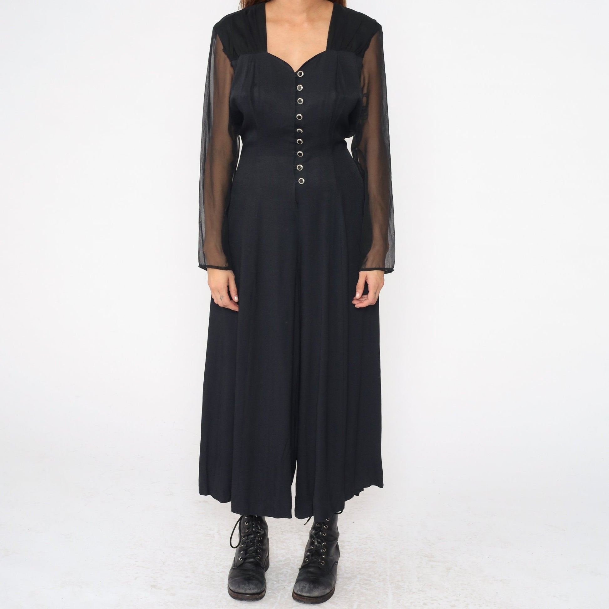 90s Black Wide Leg Jumpsuit Chiffon Sleeve Sweetheart Neckline Large 12