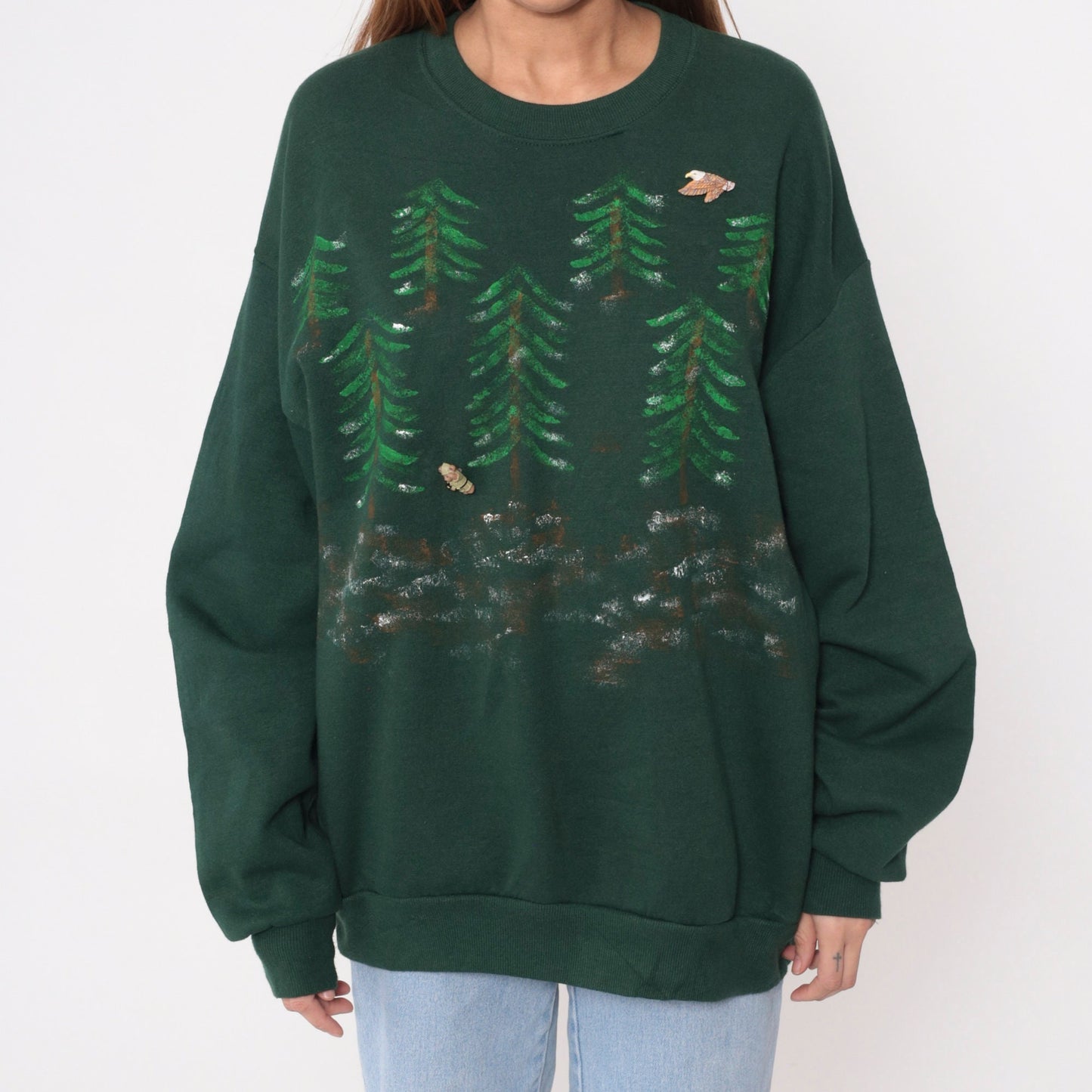 90s Hand Painted Forest Ranger Teddy Bear Eagle Sweatshirt Dark Green Extra Large XXL