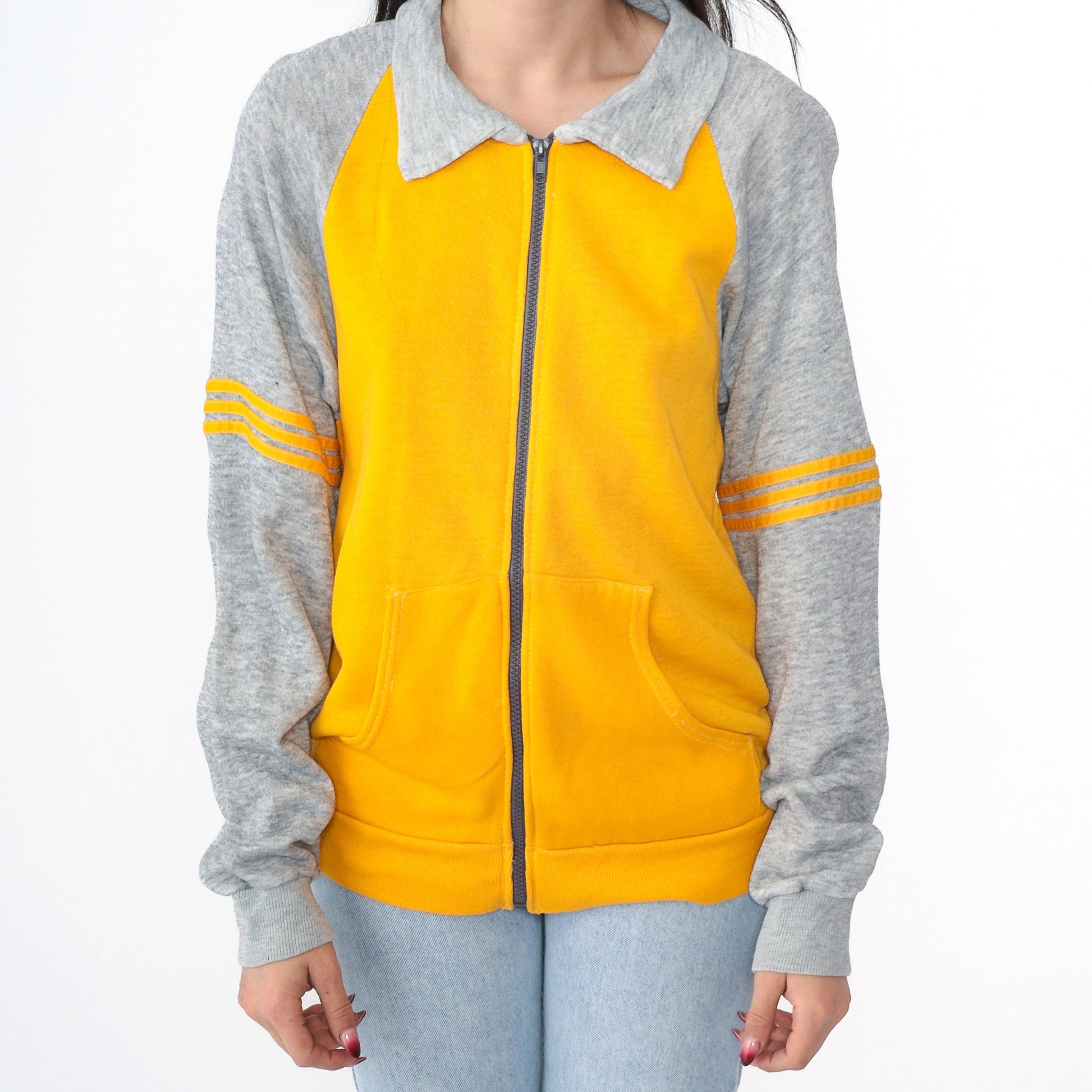 80s Yellow Grey Striped Raglan Track Jacket Zip Up Small