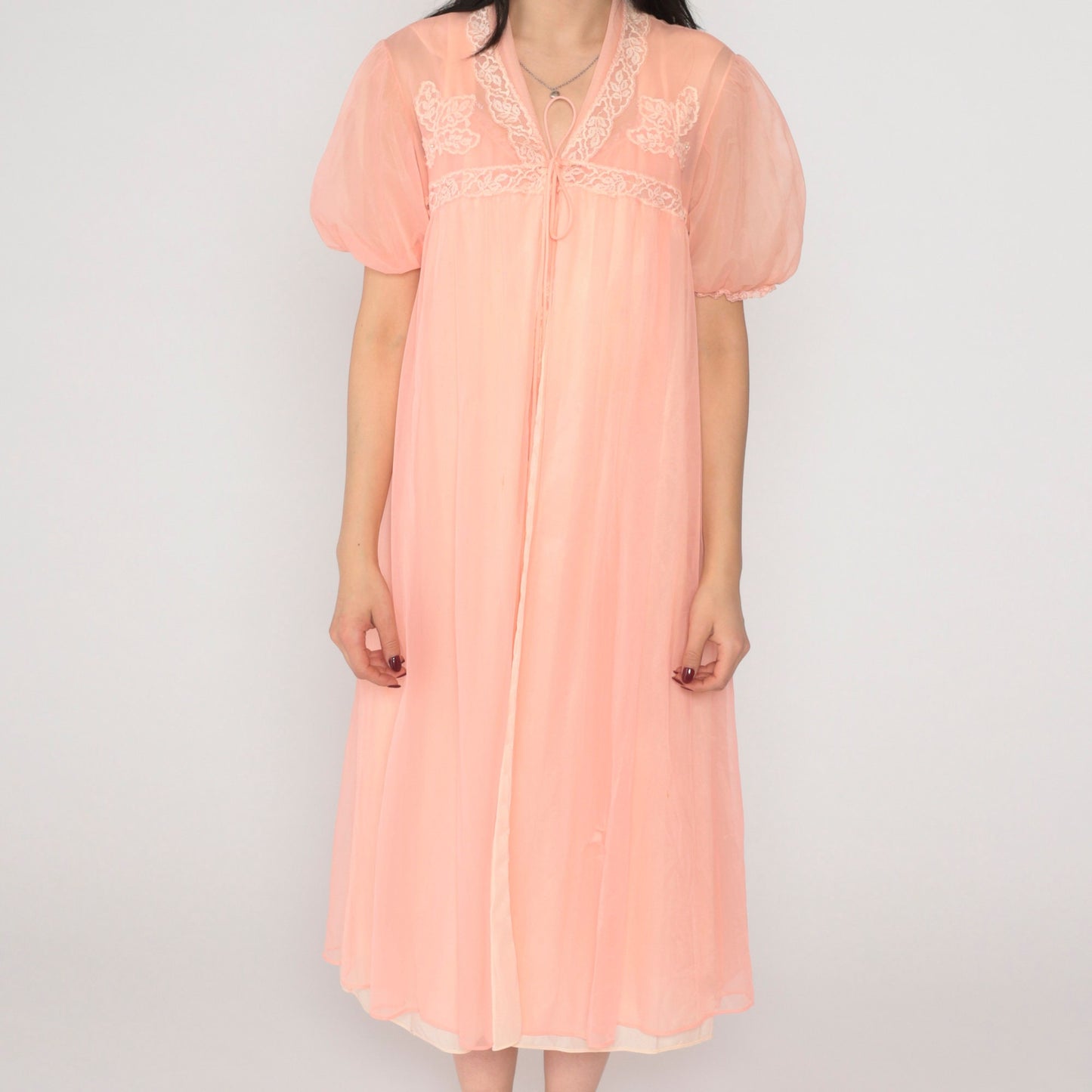 70s Pink Nylon Lingerie Robe Lace Beaded Puff Sleeve Midi Small