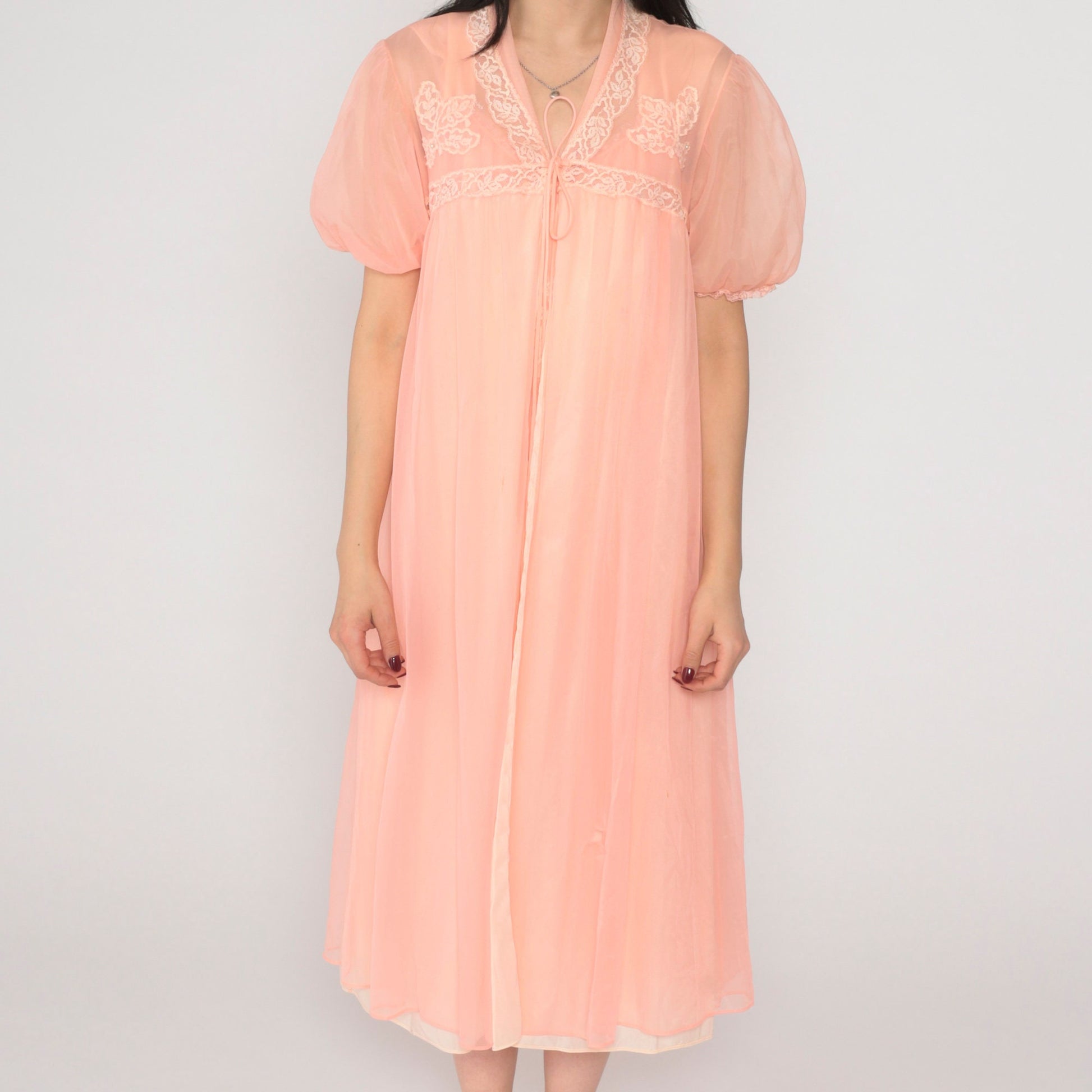 70s Pink Nylon Lingerie Robe Lace Beaded Puff Sleeve Midi Small