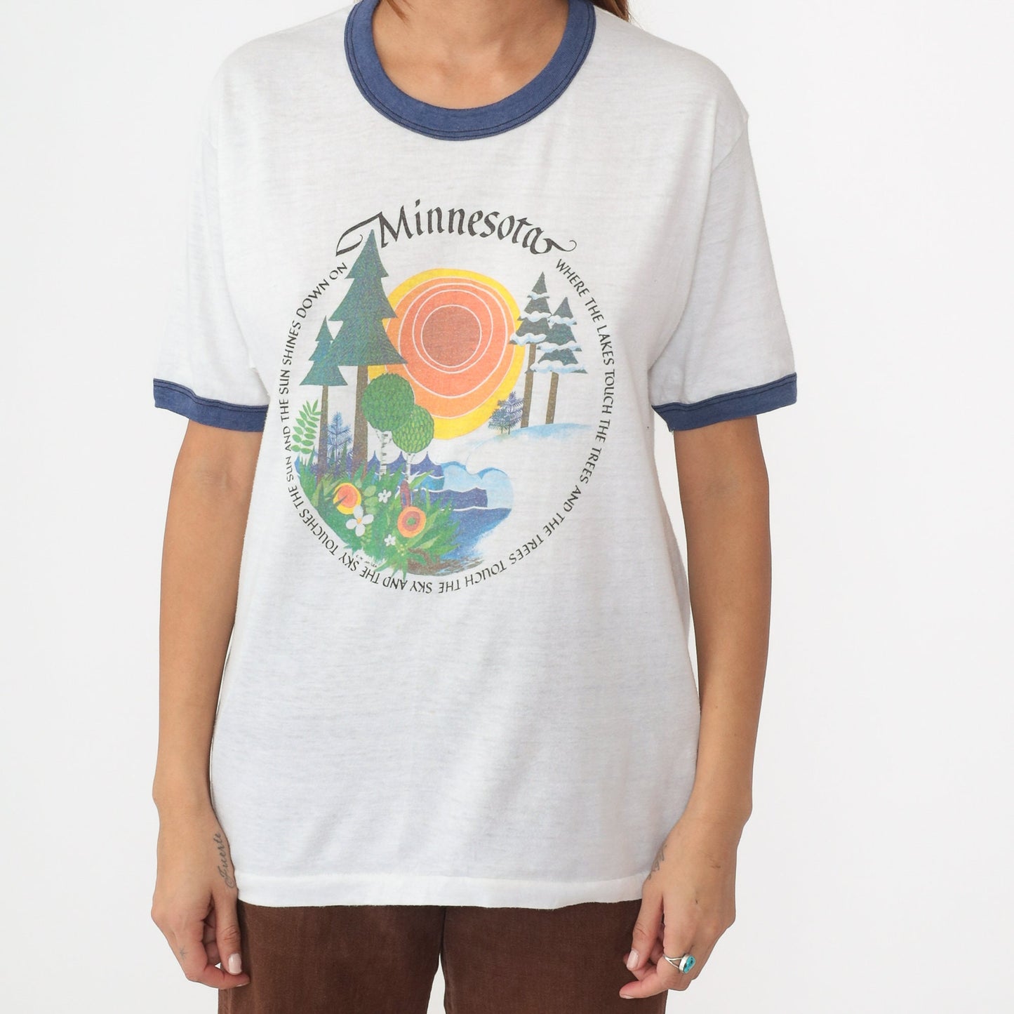 80s Minnesota Ringer Tee Graphic T-Shirt Where Lakes Touch Trees Medium