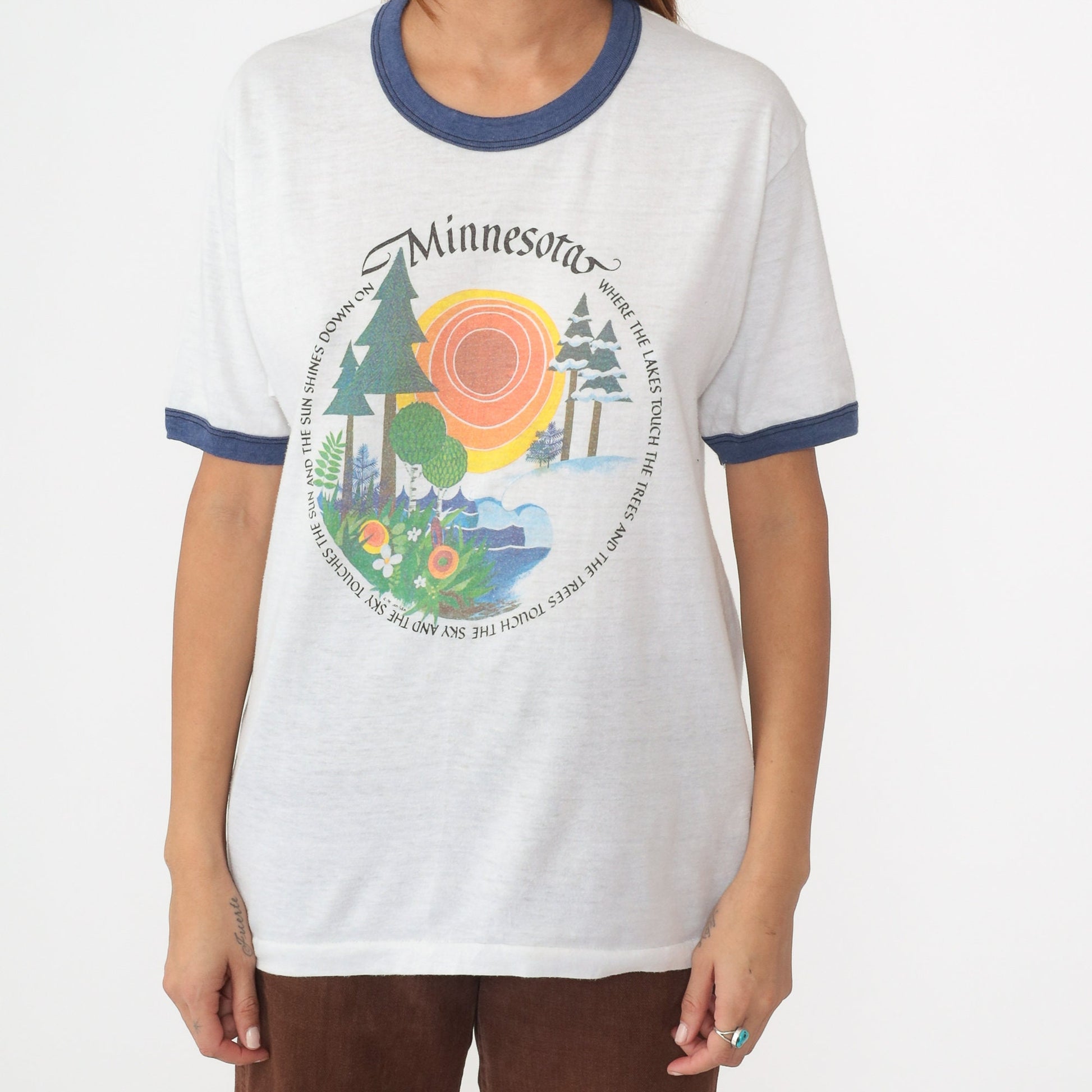 80s Minnesota Ringer Tee Graphic T-Shirt Where Lakes Touch Trees Medium