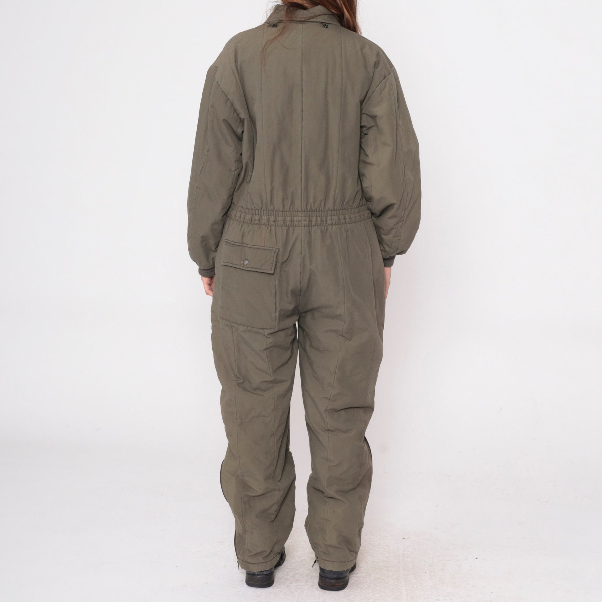 80s Snowmobile Coveralls Olive Green Insulated Jumpsuit Cargo Pockets Small