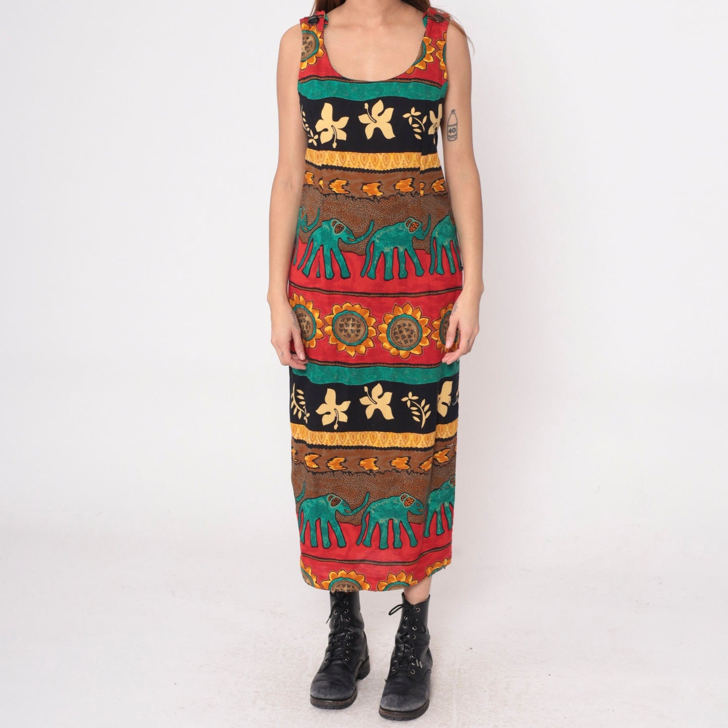 90s Tropical Elephant Sunflower Maxi Dress Striped Red Teal Sleeveless Medium