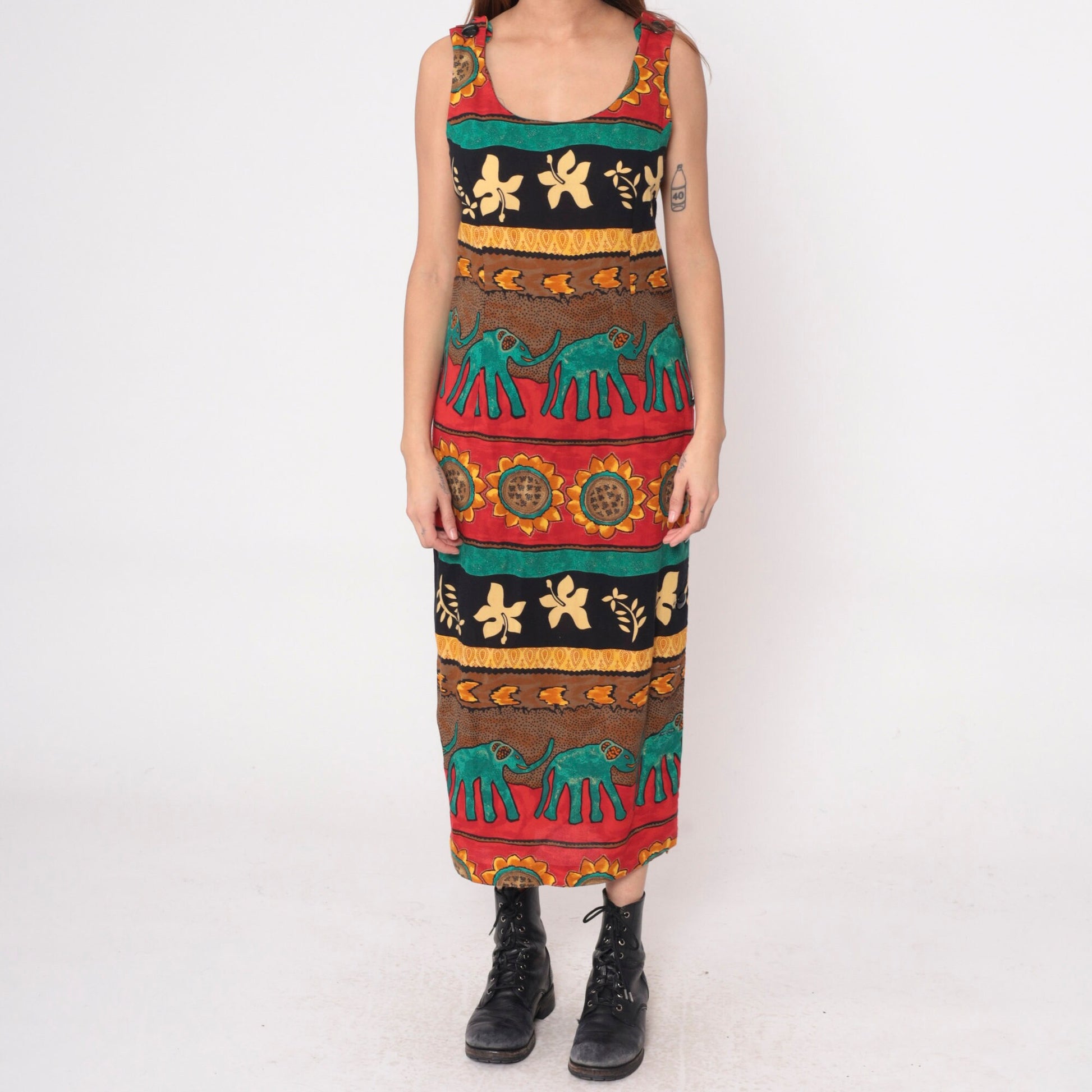 90s Tropical Elephant Sunflower Maxi Dress Striped Red Teal Sleeveless Medium