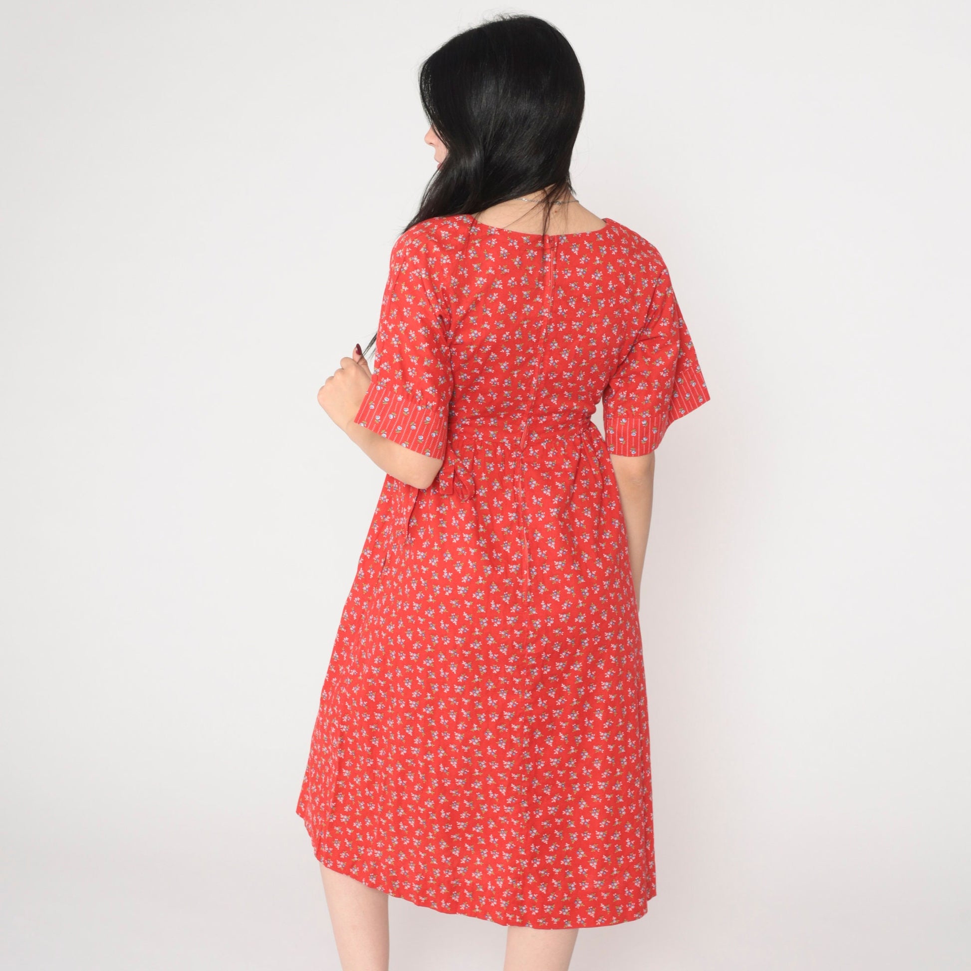 70s Lanz Original Red Floral Calico Midi Dress Empire Waist Tie Short Sleeve Extra Small