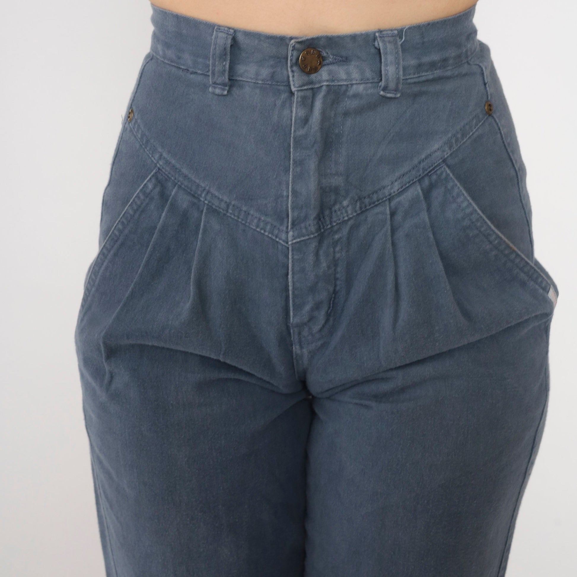 90s Grey Blue Pleated High Waist Straight Tapered Trousers Extra Small