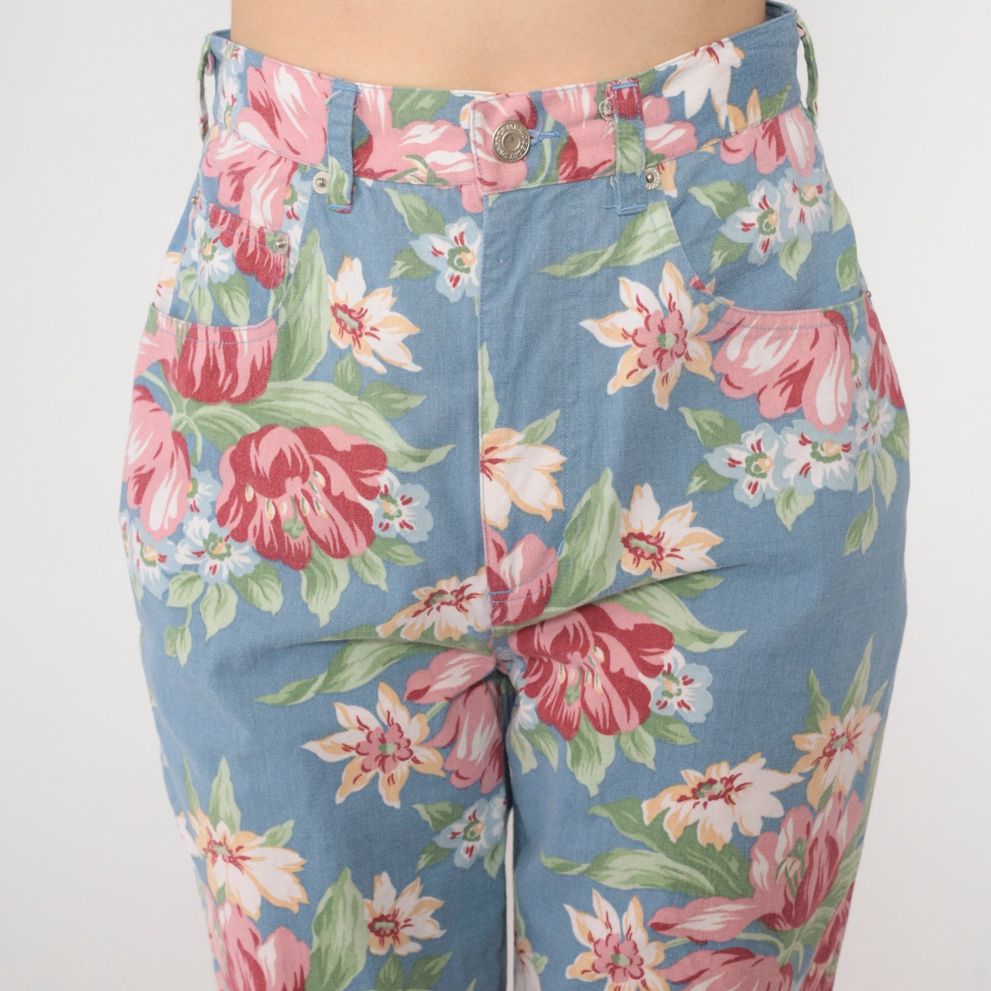 90s Blue Floral High-Waisted Straight Tapered Trousers Extra Small