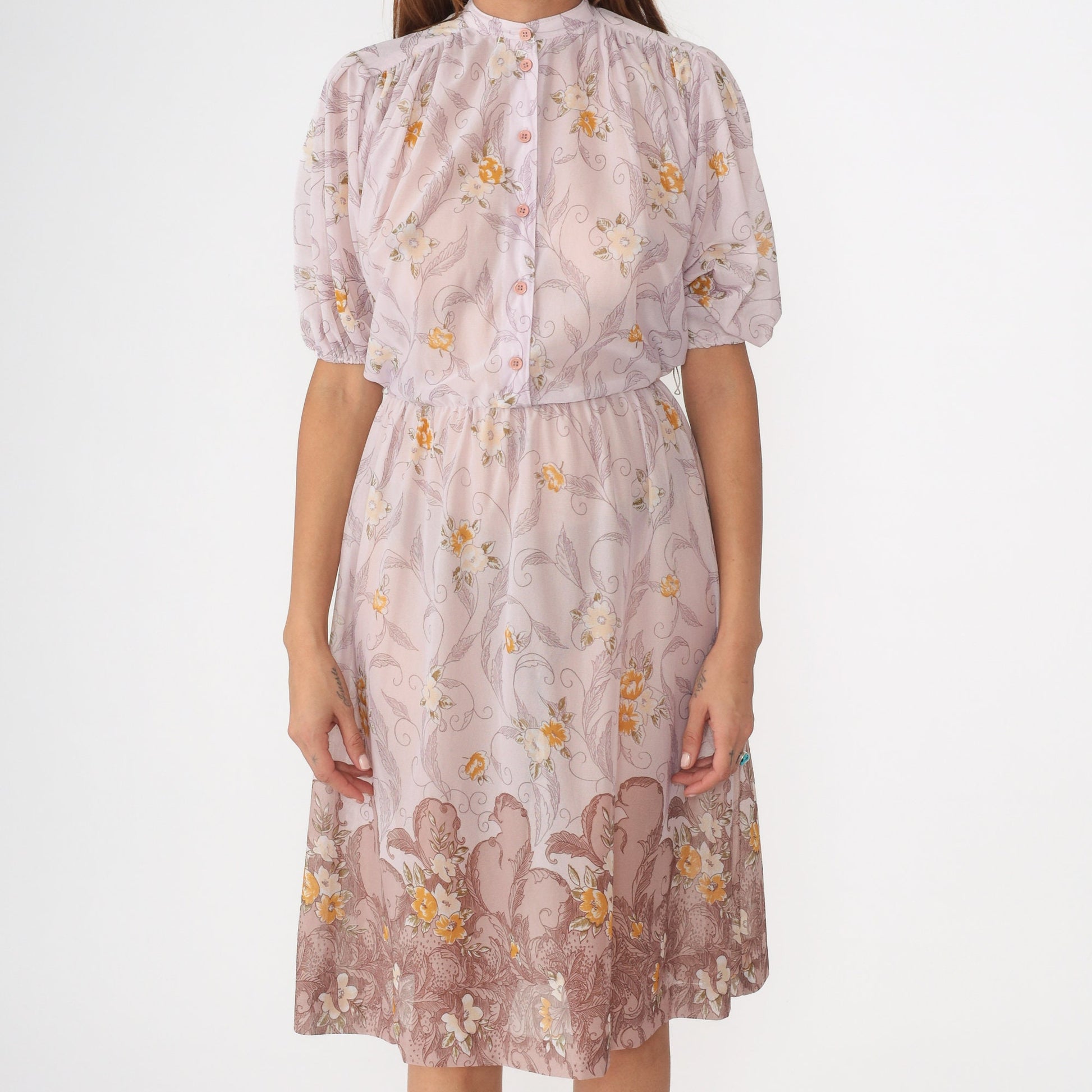 70s Lavender Floral Midi Dress High Waist Puff Sleeve Button Up Small