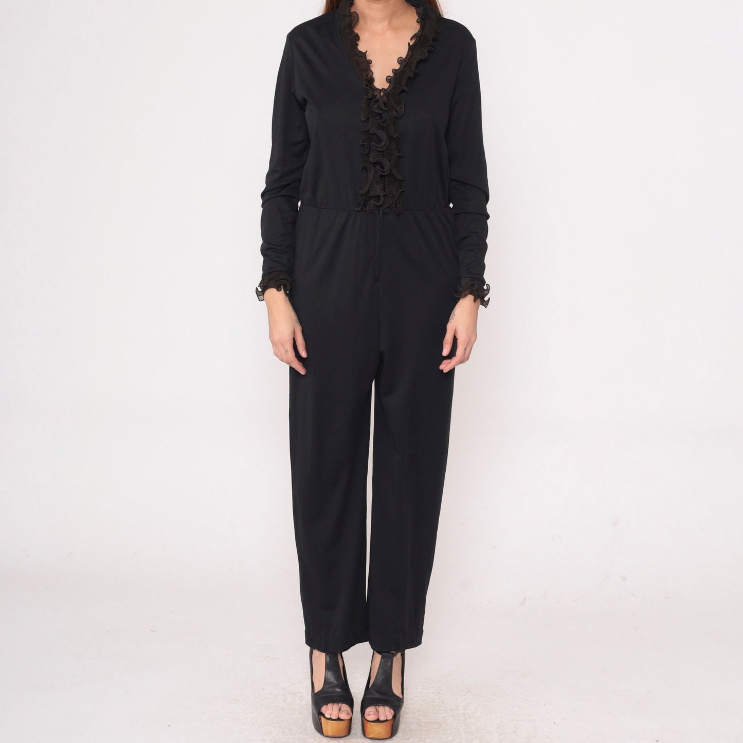 70s Black Tuxedo Jumpsuit Ruffled Front Long Sleeve High Waist Medium