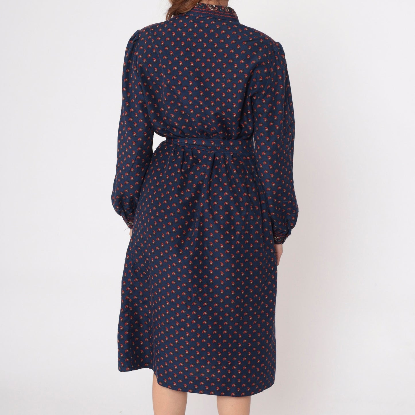 80s Dark Blue Paisley Midi Shirtdress Button-Up Long Sleeve Red Print Large