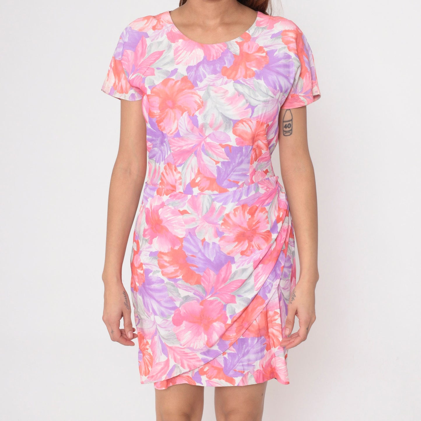 80s Tropical Floral Mini Wrap Dress Purple Orange Short Sleeve Small