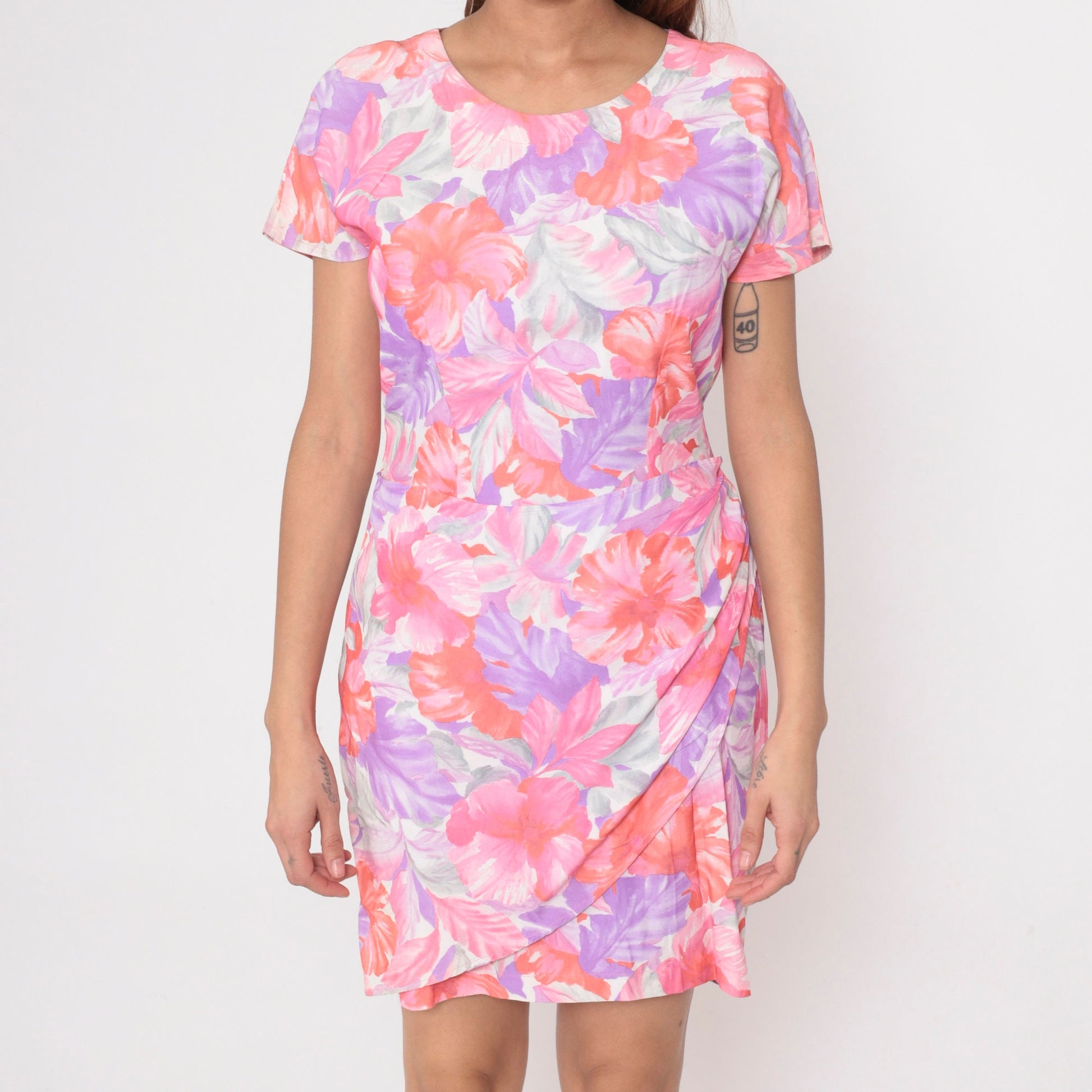 80s Tropical Floral Mini Wrap Dress Purple Orange Short Sleeve Small