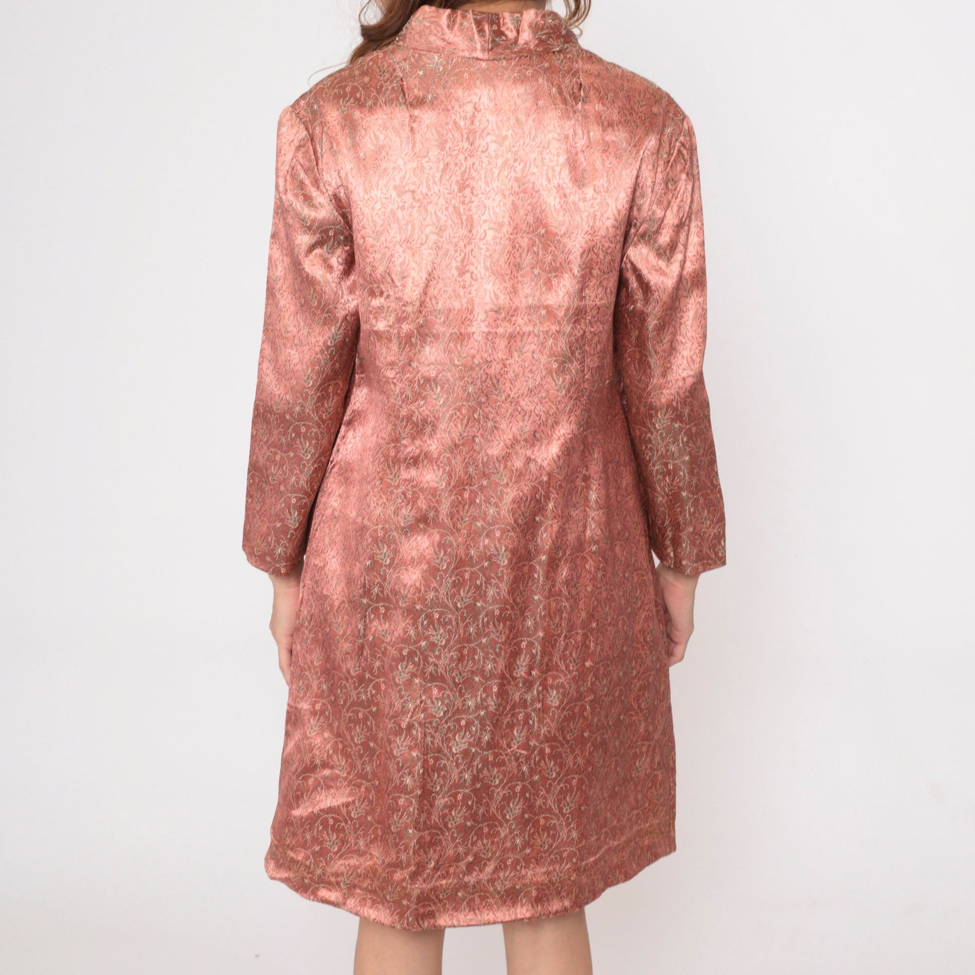 60s Pink Brocade Jacket Floral Bird Design Knee Length Button Up Medium