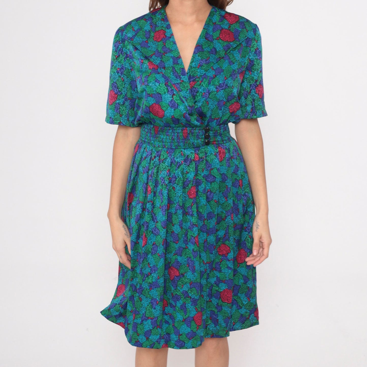 80s Abstract Floral Midi Dress Surplice Neck Pleated Elastic Waist Extra Small