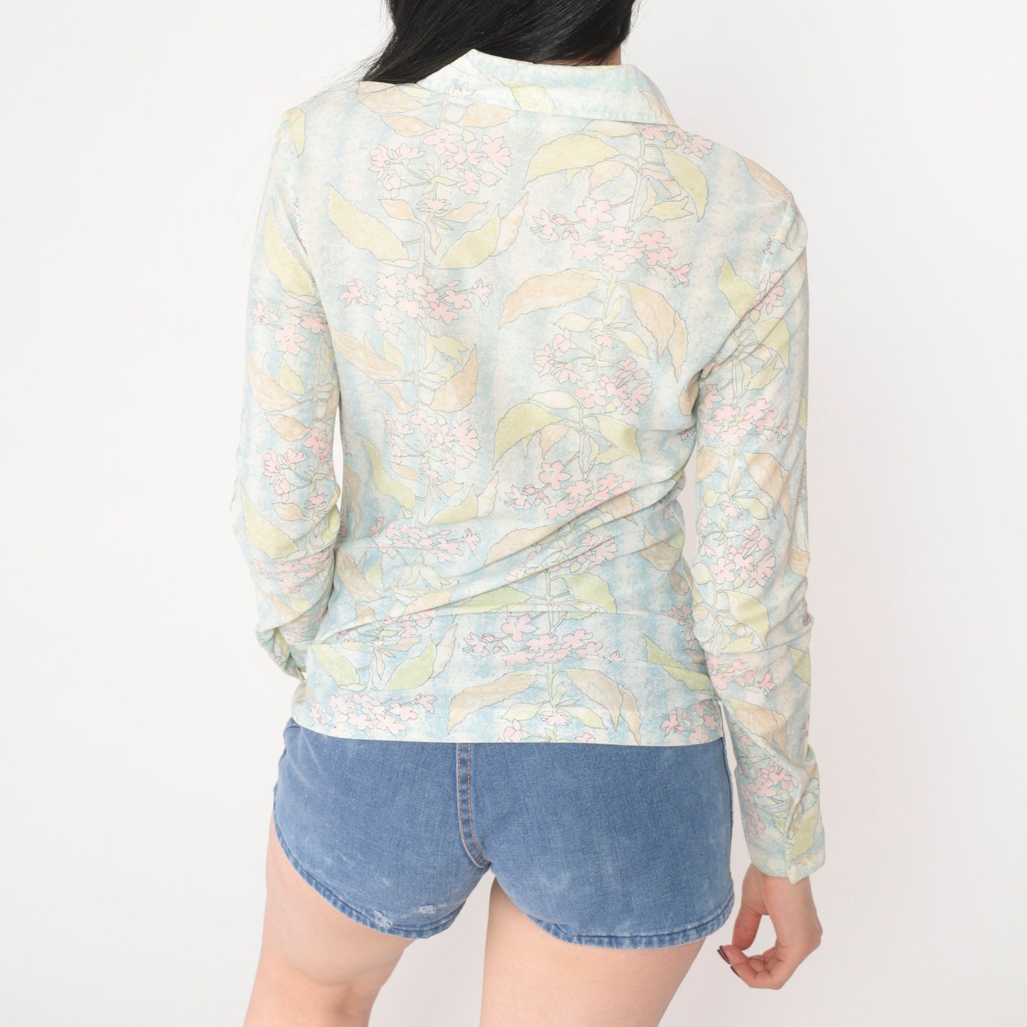 70s Floral Print Dagger Collar Blouse Long Sleeve Button Up Blue White Small