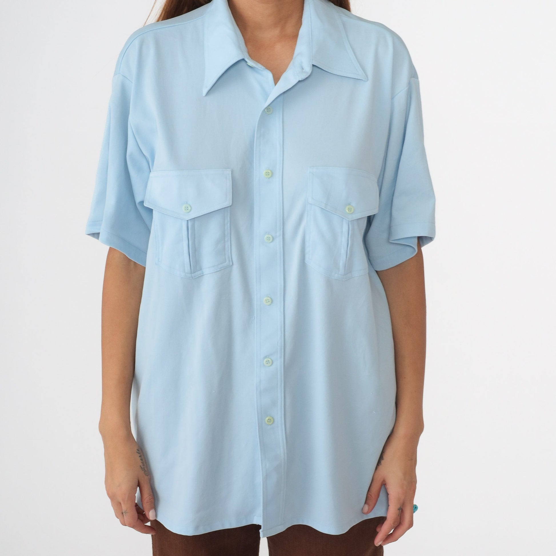 70s Baby Blue Dagger Collar Button-Up Shirt Short Sleeve Extra Large