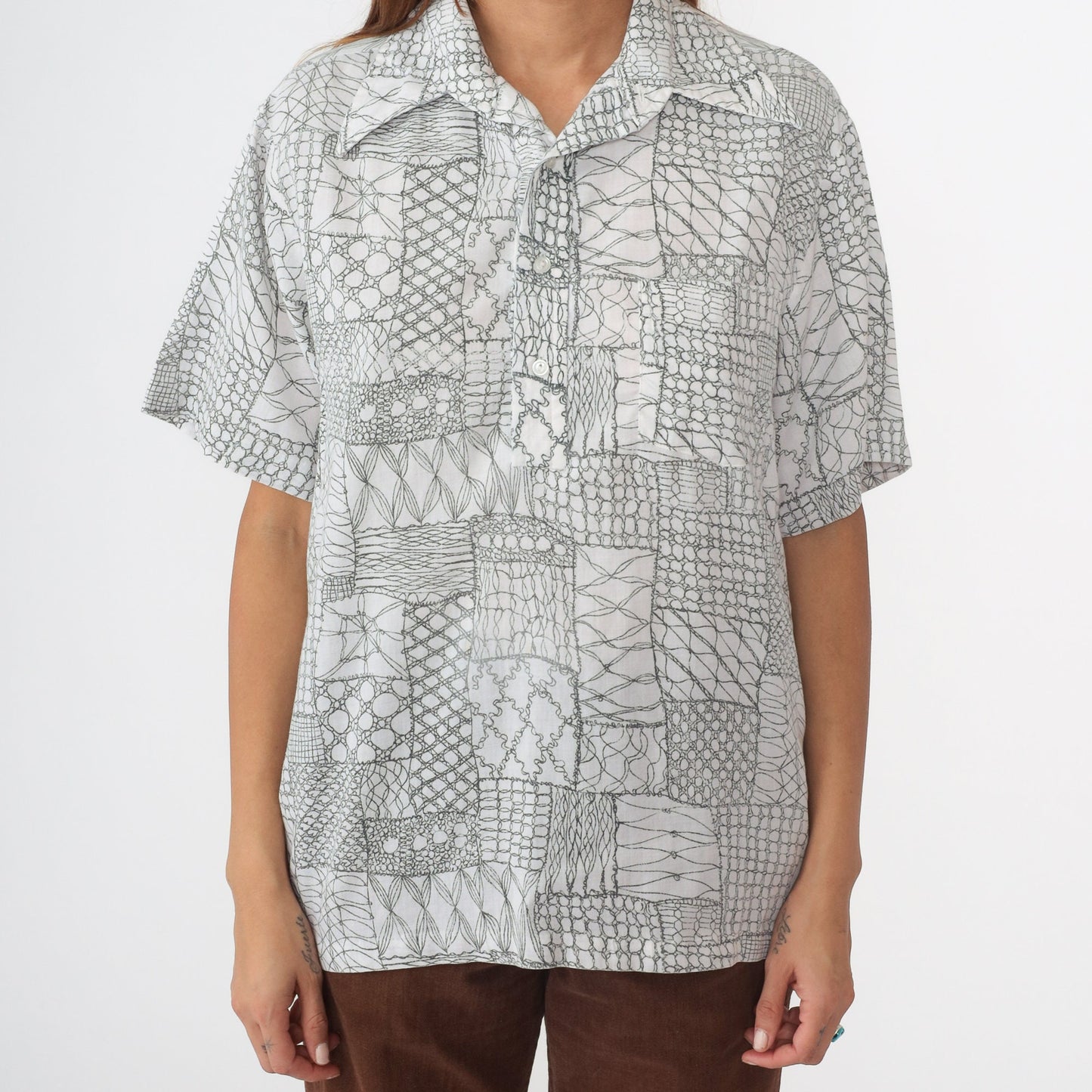 70s Andrade Geometric Polo Shirt Dagger Collar White Black Medium