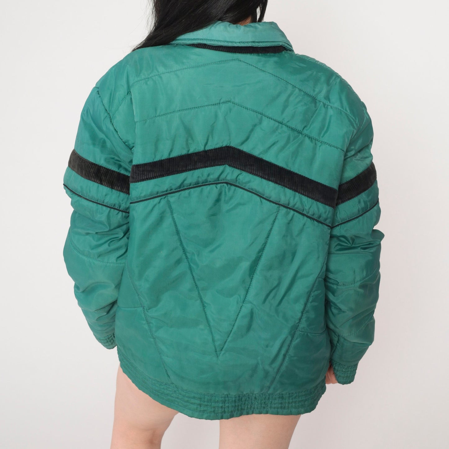 70s Green Puffer Ski Jacket Black Stripe Zip Nylon Insulated Large